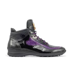 Mauri 8409 Hype Men's Shoes Black & Purple Exotic Crocodile / Ostrich Leg / Patent Leather High-Top Sneakers (MA5405)