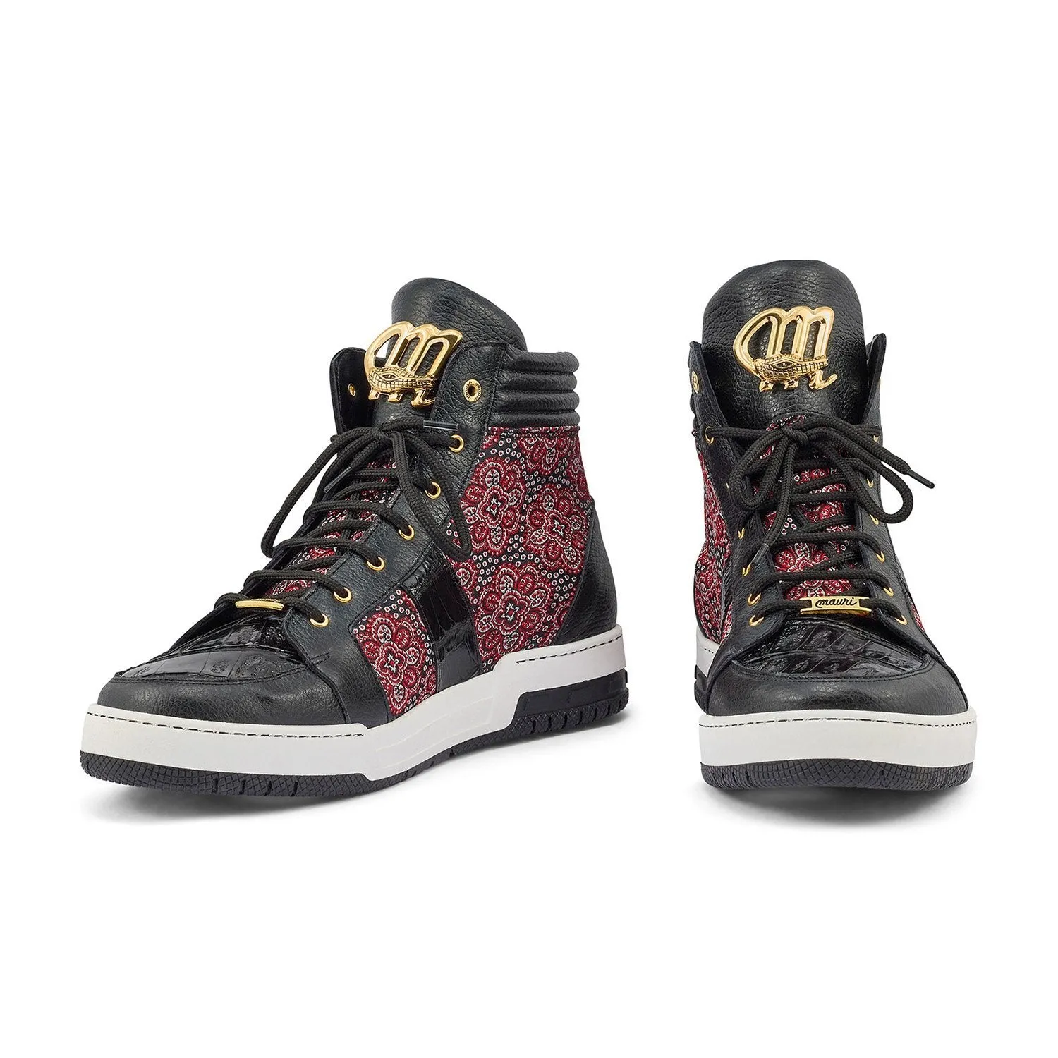 Mauri 8411 Genesis Men's Shoes Black & Red Exotic Crocodile / Time Leather / Matahari Fabric High-Top Sneakers (MA5403)