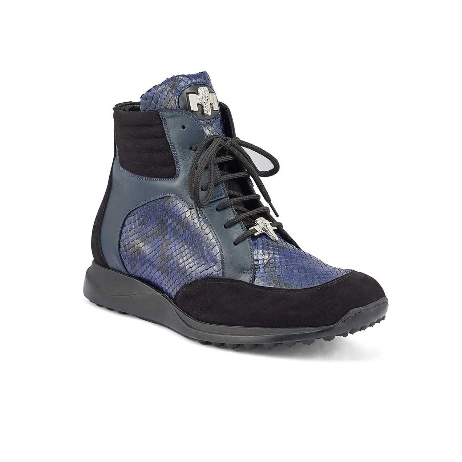 Mauri 8421 Viper Men's Shoes Black & Wonder Blue Exotic Python / Nappa / Suede Leather High-Top Sneakers (MA5369)