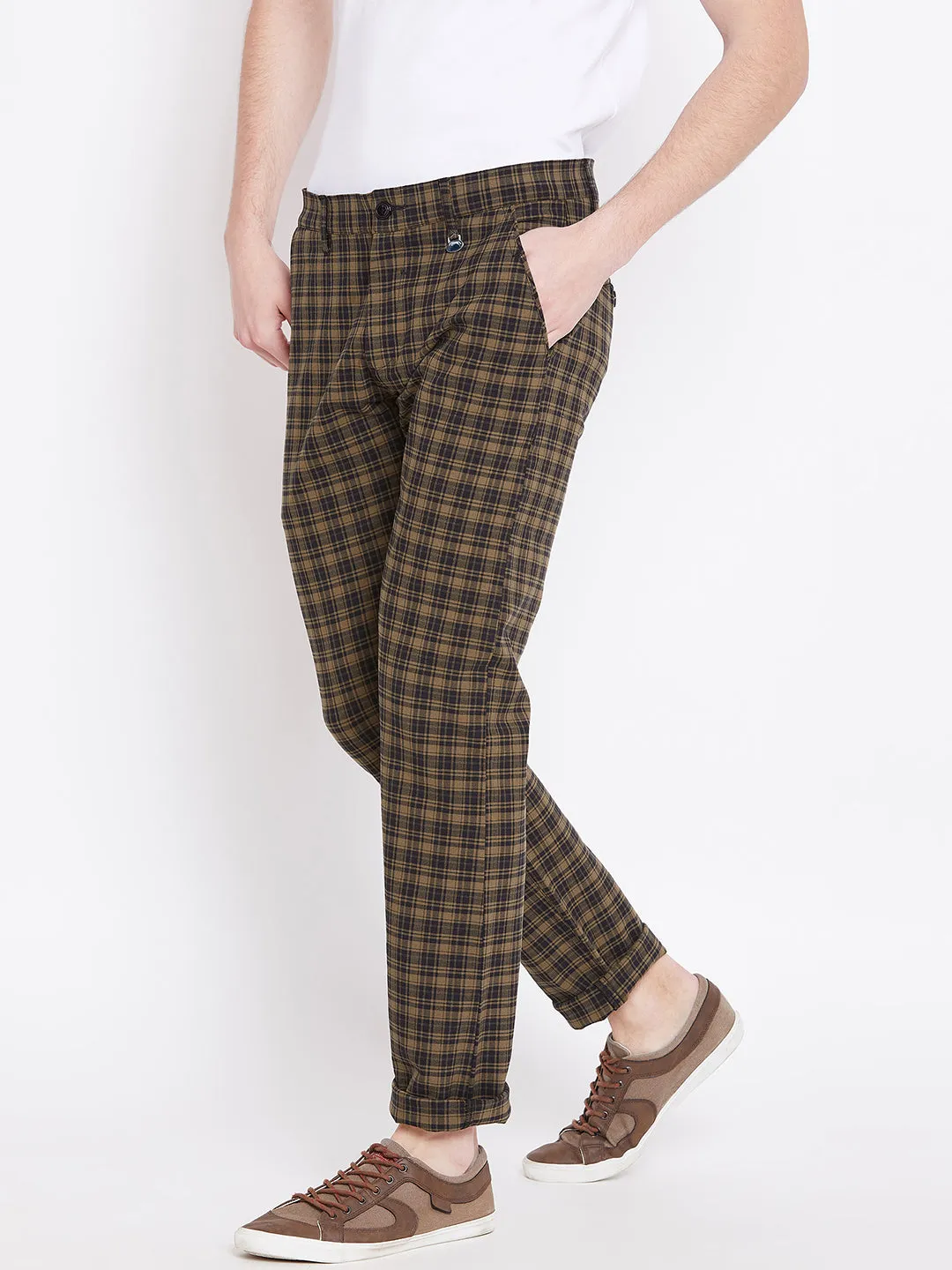 Men Brown Checked Casual Slim Fit Trousers