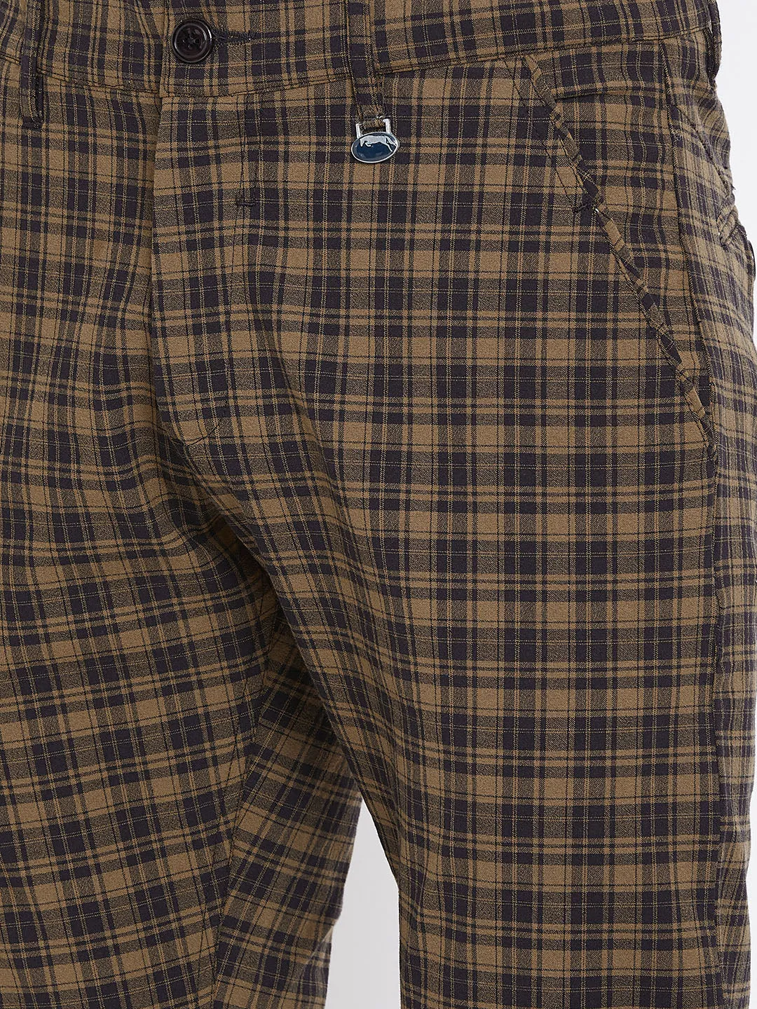 Men Brown Checked Casual Slim Fit Trousers