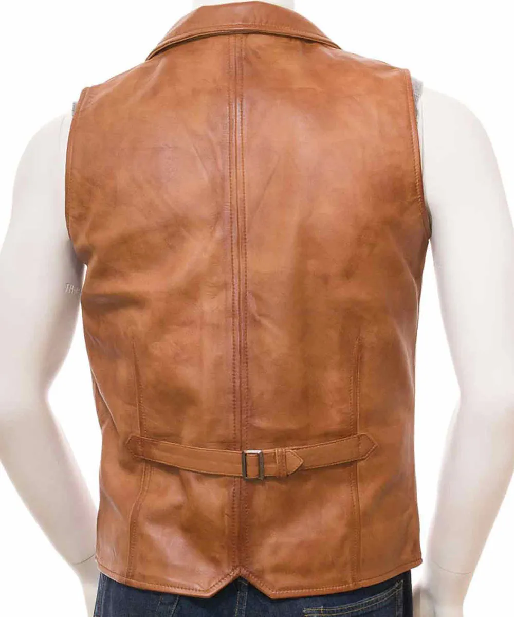 Men’s Tan Brown Button Closure Leather Vest