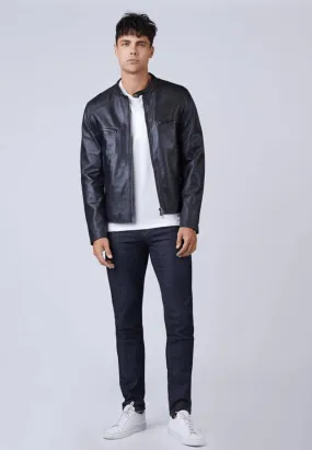 Men's Black Leather Jacket with Crew Neck