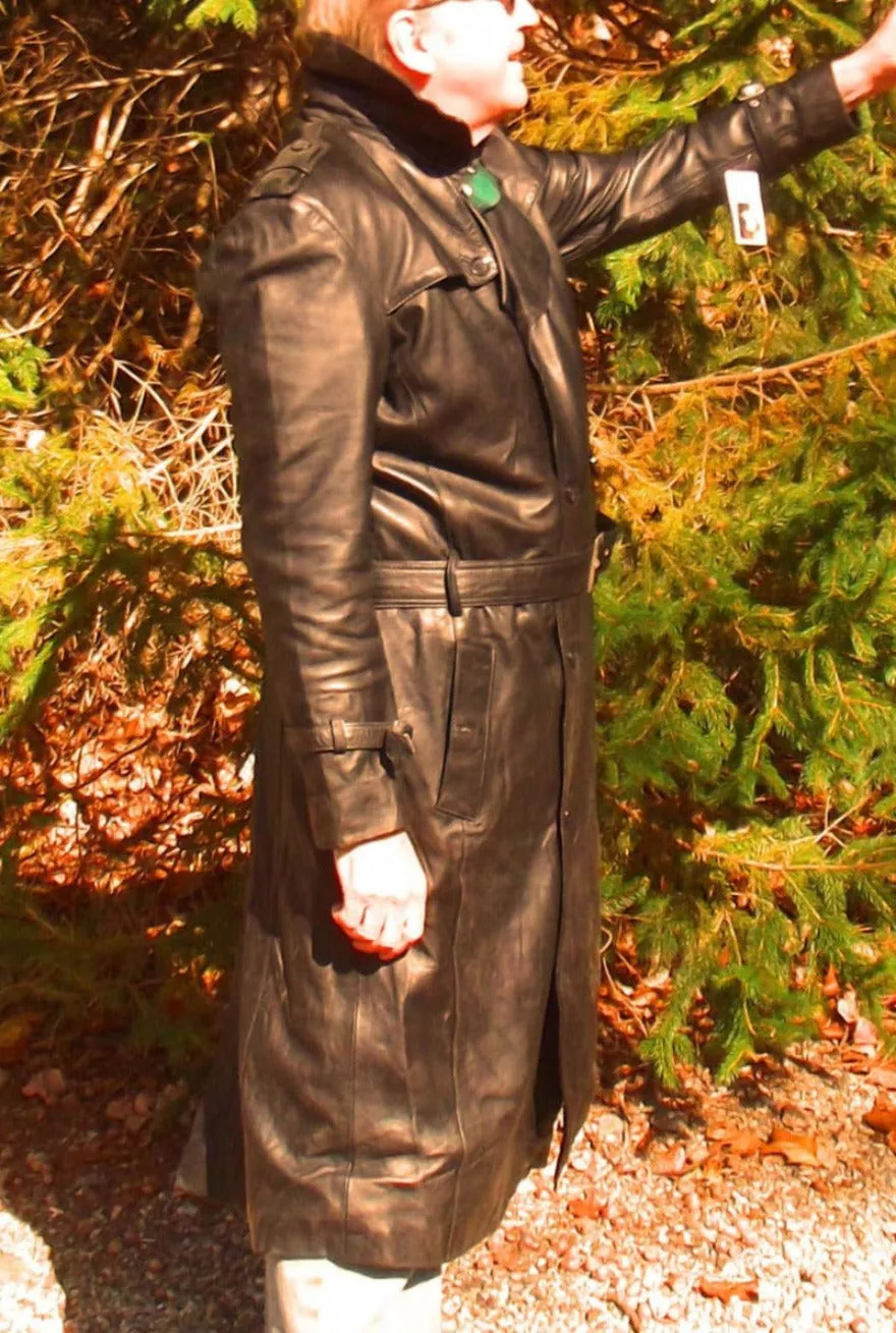 Mens Black Leather Trench Coat Full Length | Double Breasted