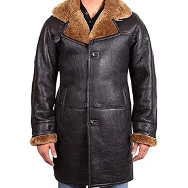 Men's Black Shearling Sheepskin Leather Duffle Trench Coat