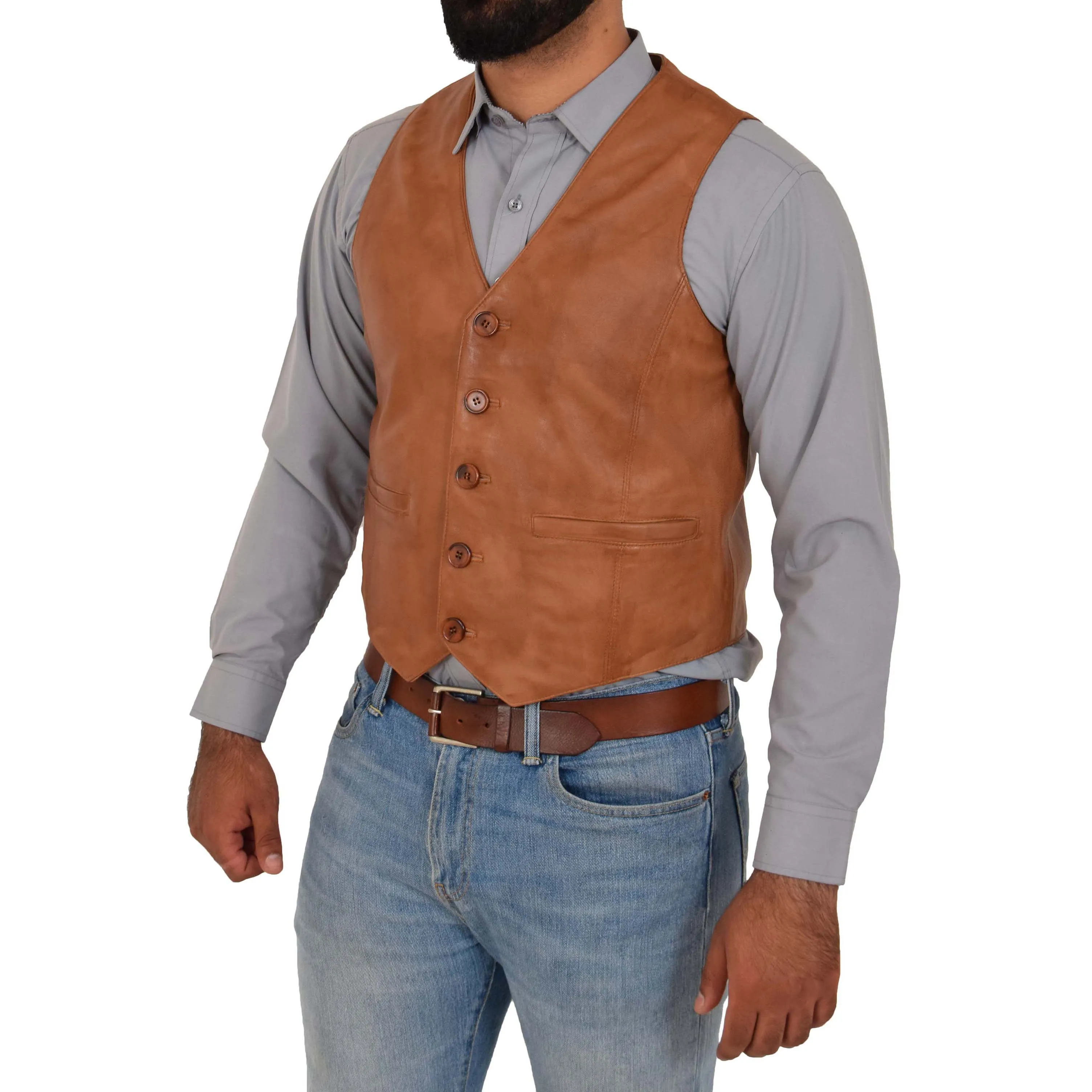 Mens Button Fastening Leather Waistcoat Nick Tan