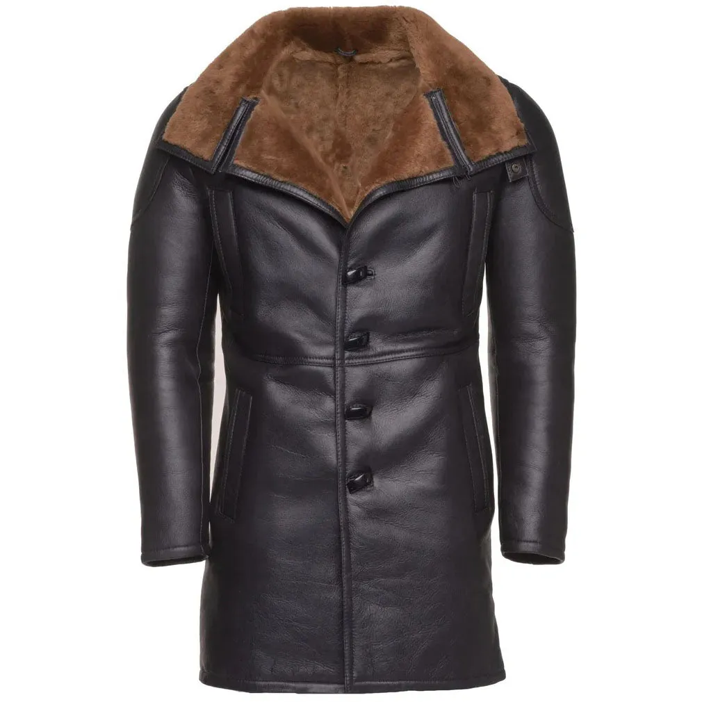 Men's Classic Black Sheepskin Shearling Trench Coat