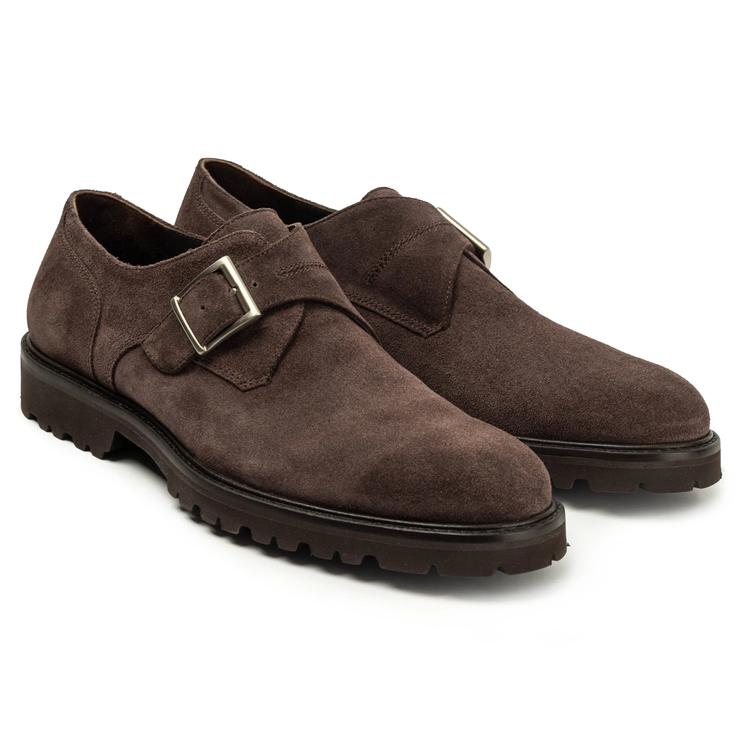 Mens dark brown suede monkstrap shoes-rubber sole