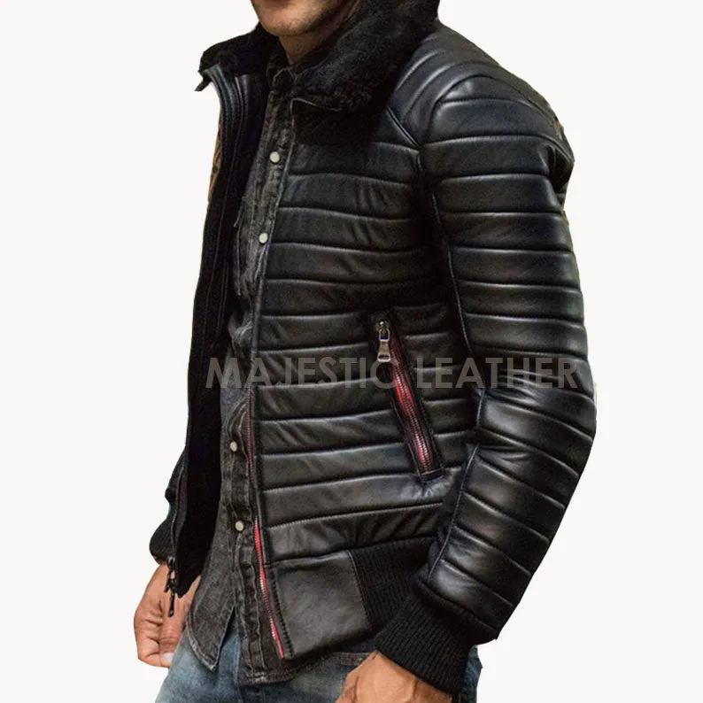 Men's Double Black Puffer Luxury Winter Real Leather Biker Racer Jacket