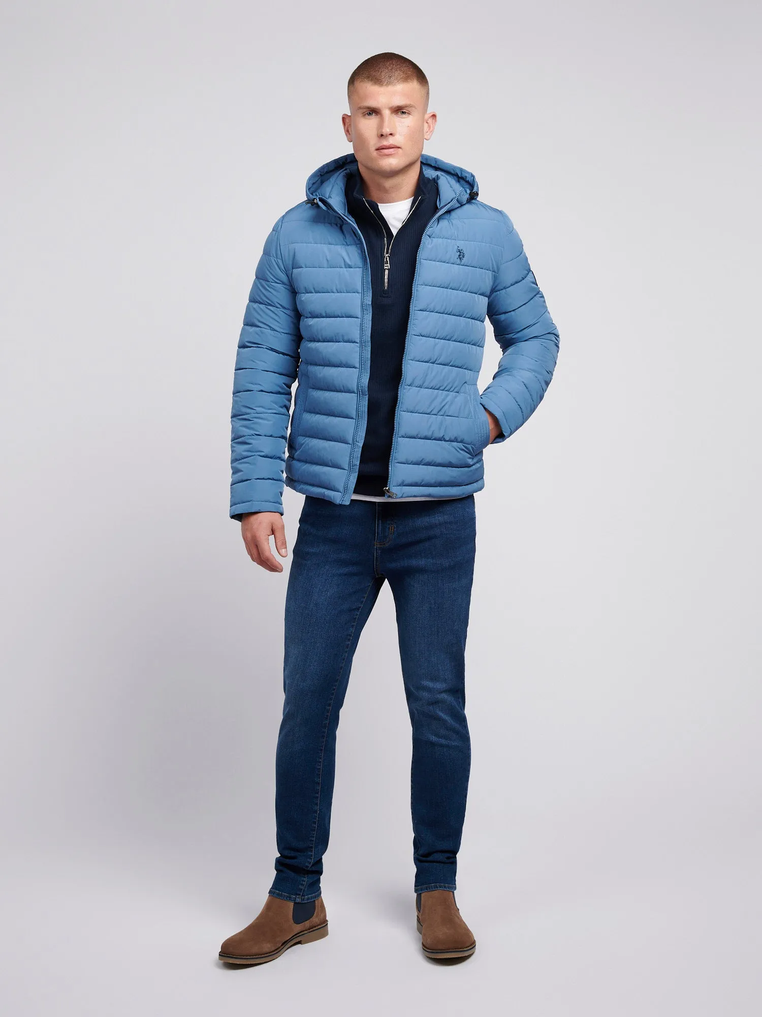 Mens Lightweight Quilt Hooded Puffer Jacket in Blue Horizon