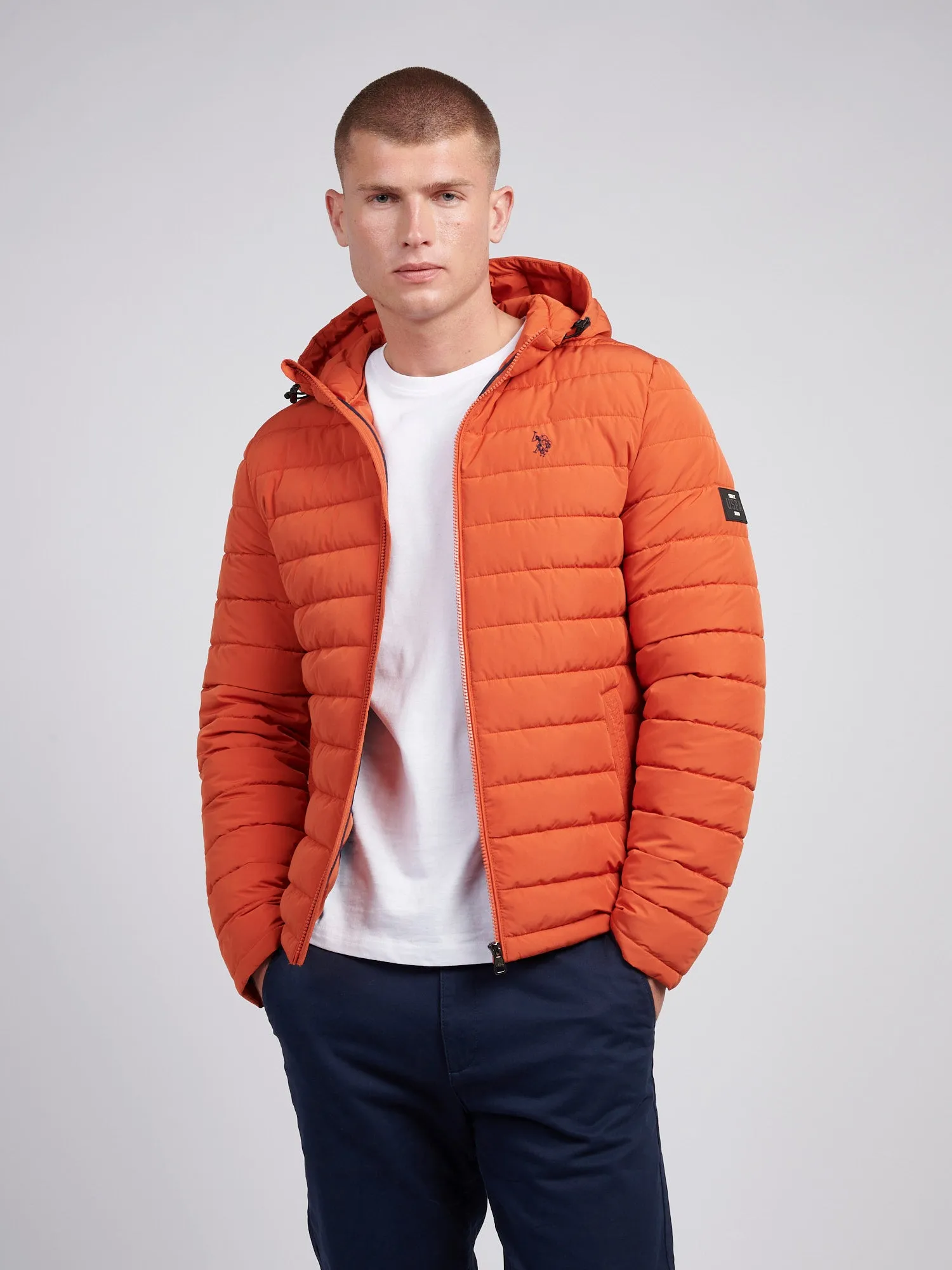 Mens Lightweight Quilt Hooded Puffer Jacket in Burnt Ochre