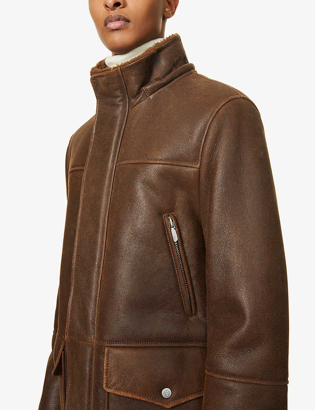 Men's Removable Hooded Brown Leather Shearling Trench Coat