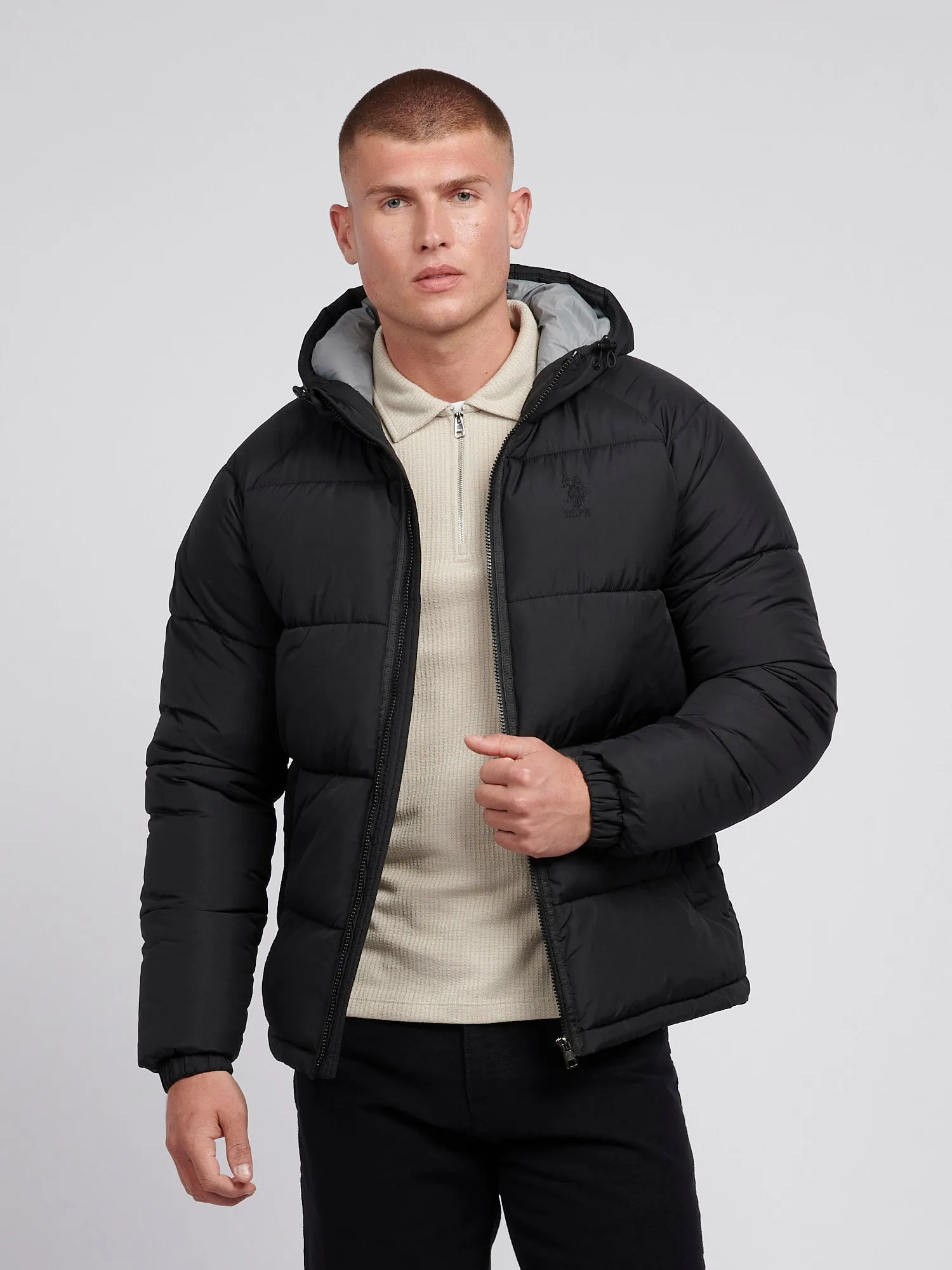 Mens Ripstop Hooded Puffer Jacket in Black