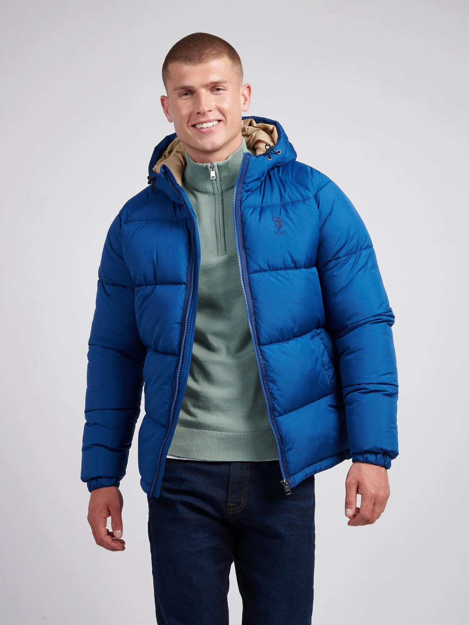 Mens Ripstop Hooded Puffer Jacket in Navy Peony