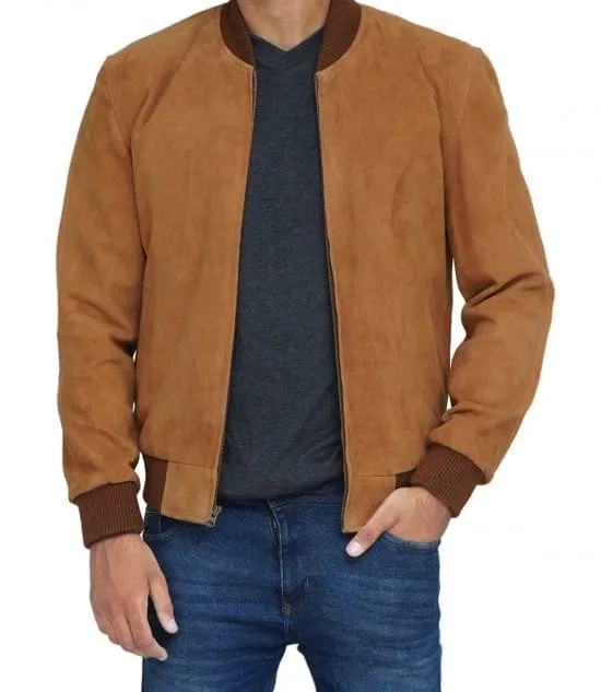Men's Suede Leather Brown Bomber Jacket
