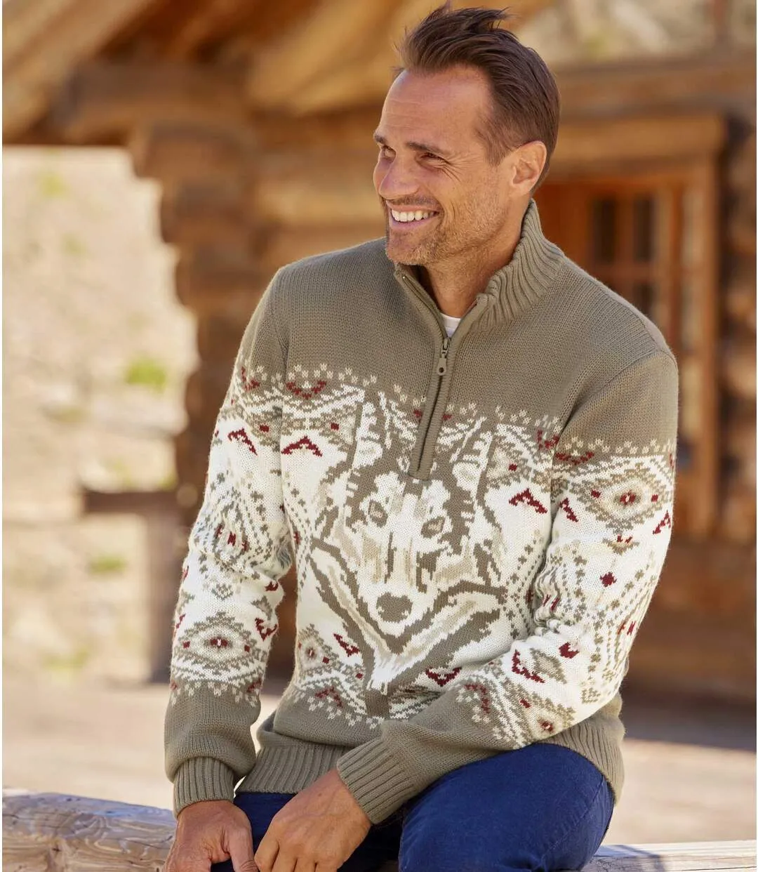 Men's Wolf Patterned Jumper - Brown 