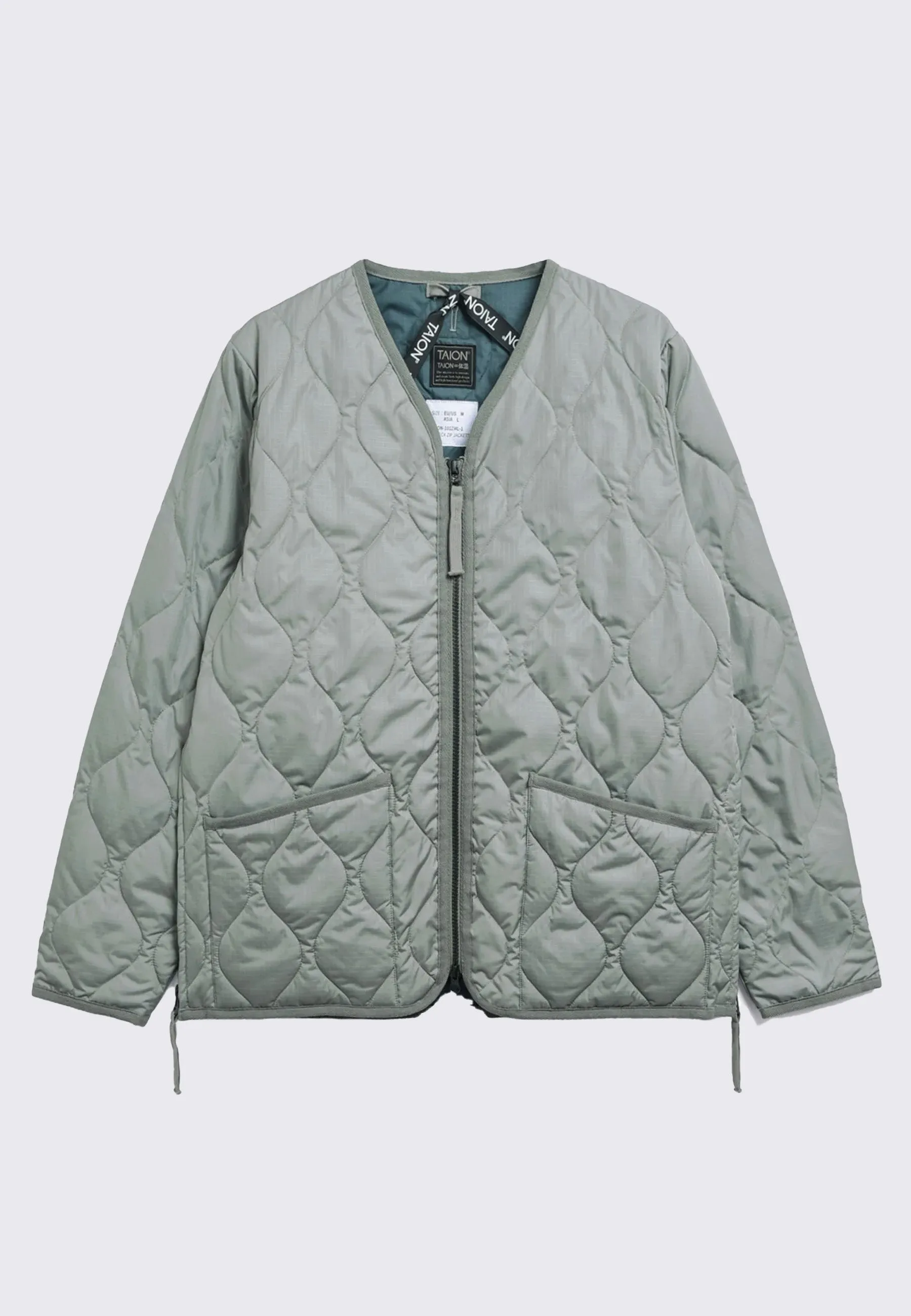 Military Zip V Neck Down Jacket - Dark Sage Green