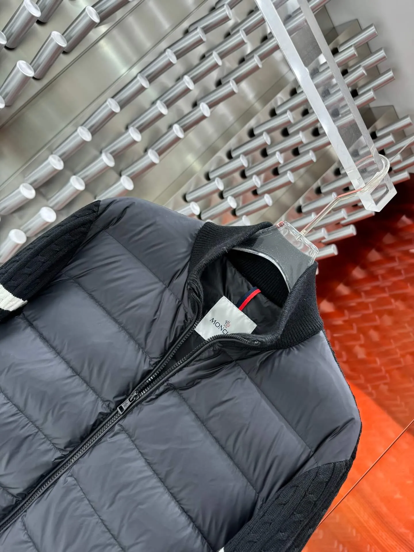 Moncler Black Puffer Jacket with Knitted Sleeves