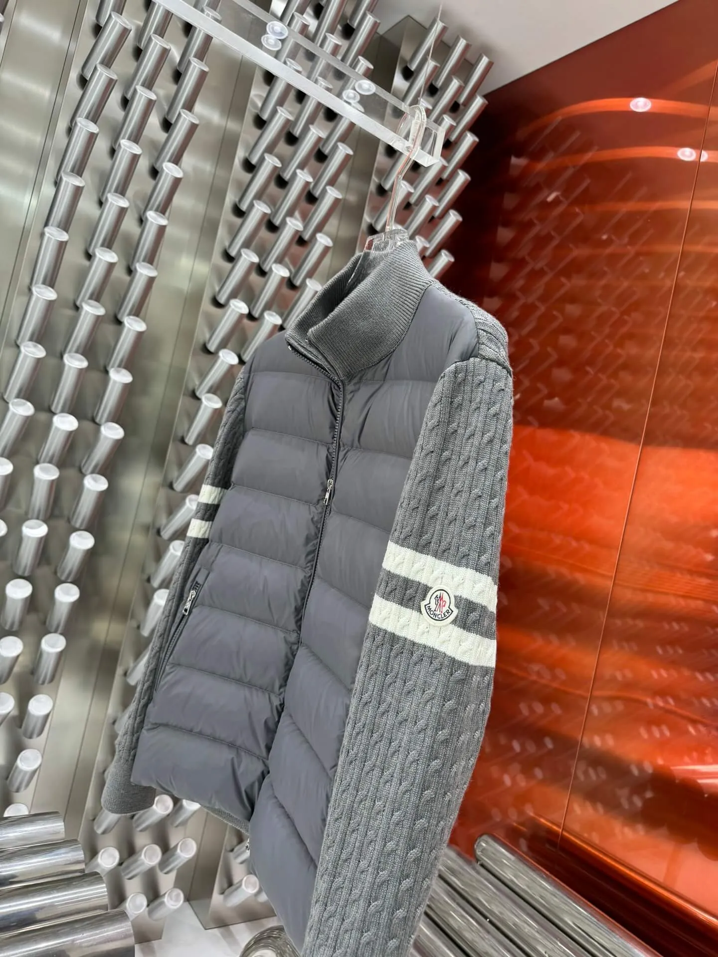 Moncler Knit-Sleeve Charcoal Grey Down Jacket