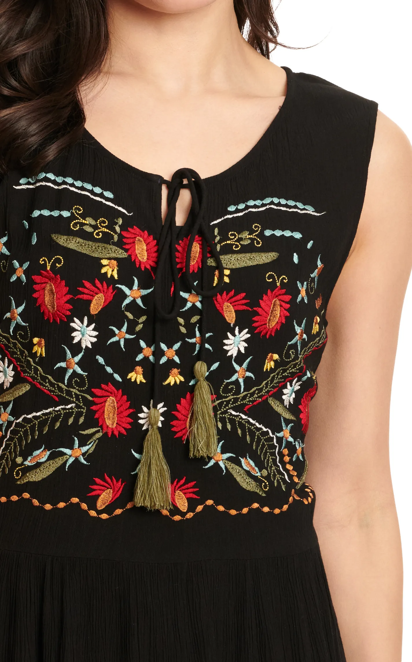 Montana Co. Women's Black & Colorful Floral Embroidery Sleeveless Ruffled Hem Top