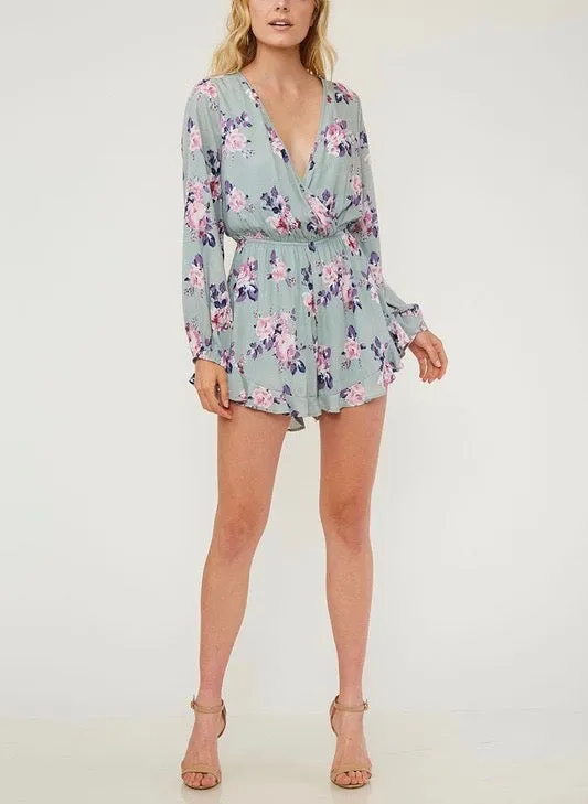 My Darling Floral Surplice Romper - Sage/Mauve