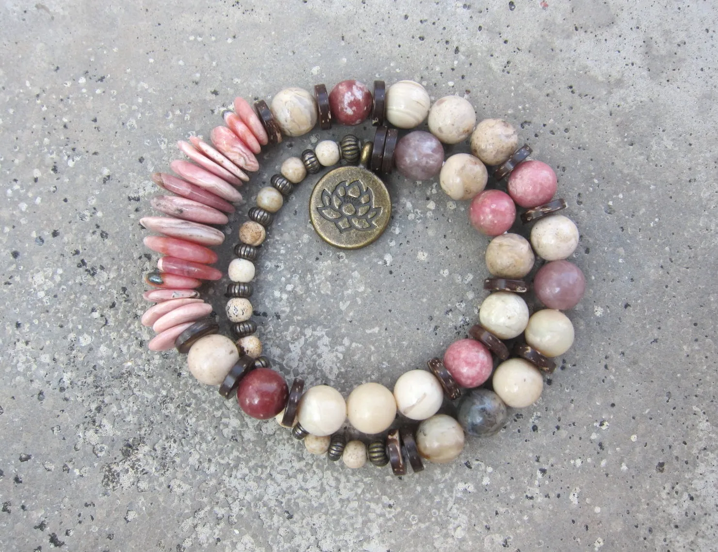 Natural Pink Rhodochrosite and African Opal Energy Wrist Mala Bracelet