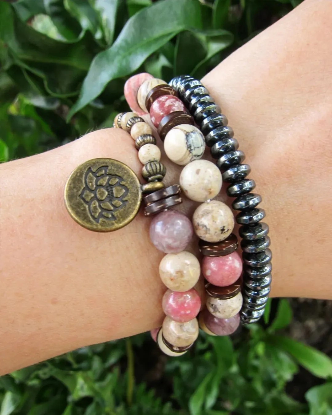 Natural Pink Rhodochrosite and African Opal Energy Wrist Mala Bracelet