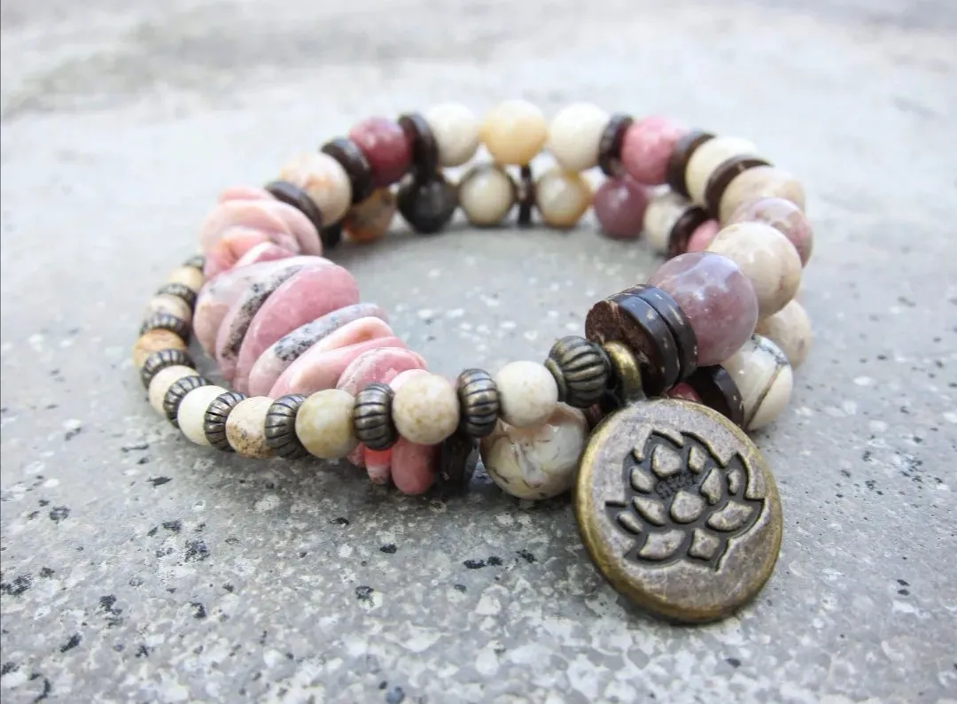 Natural Pink Rhodochrosite and African Opal Energy Wrist Mala Bracelet