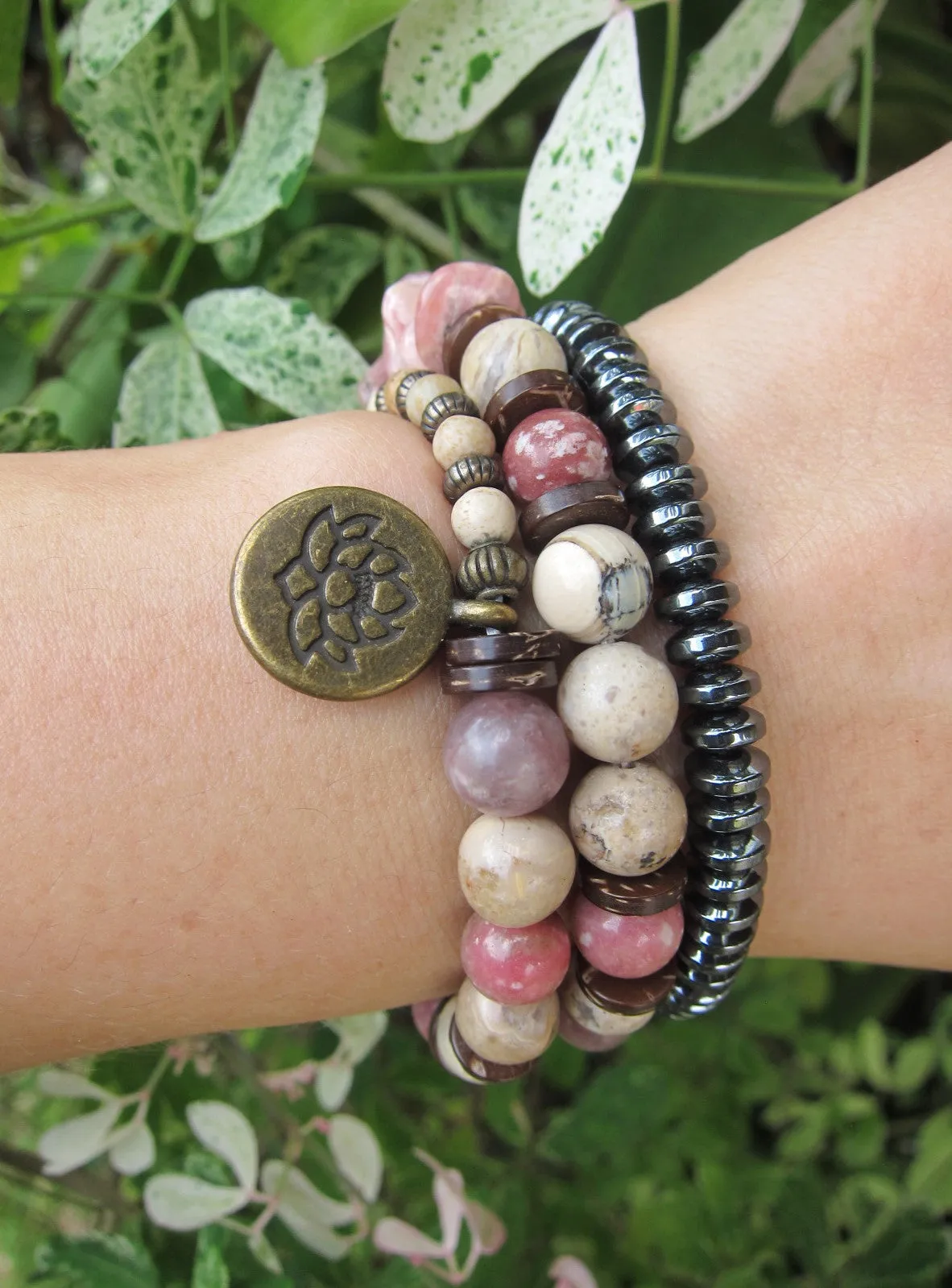 Natural Pink Rhodochrosite and African Opal Energy Wrist Mala Bracelet