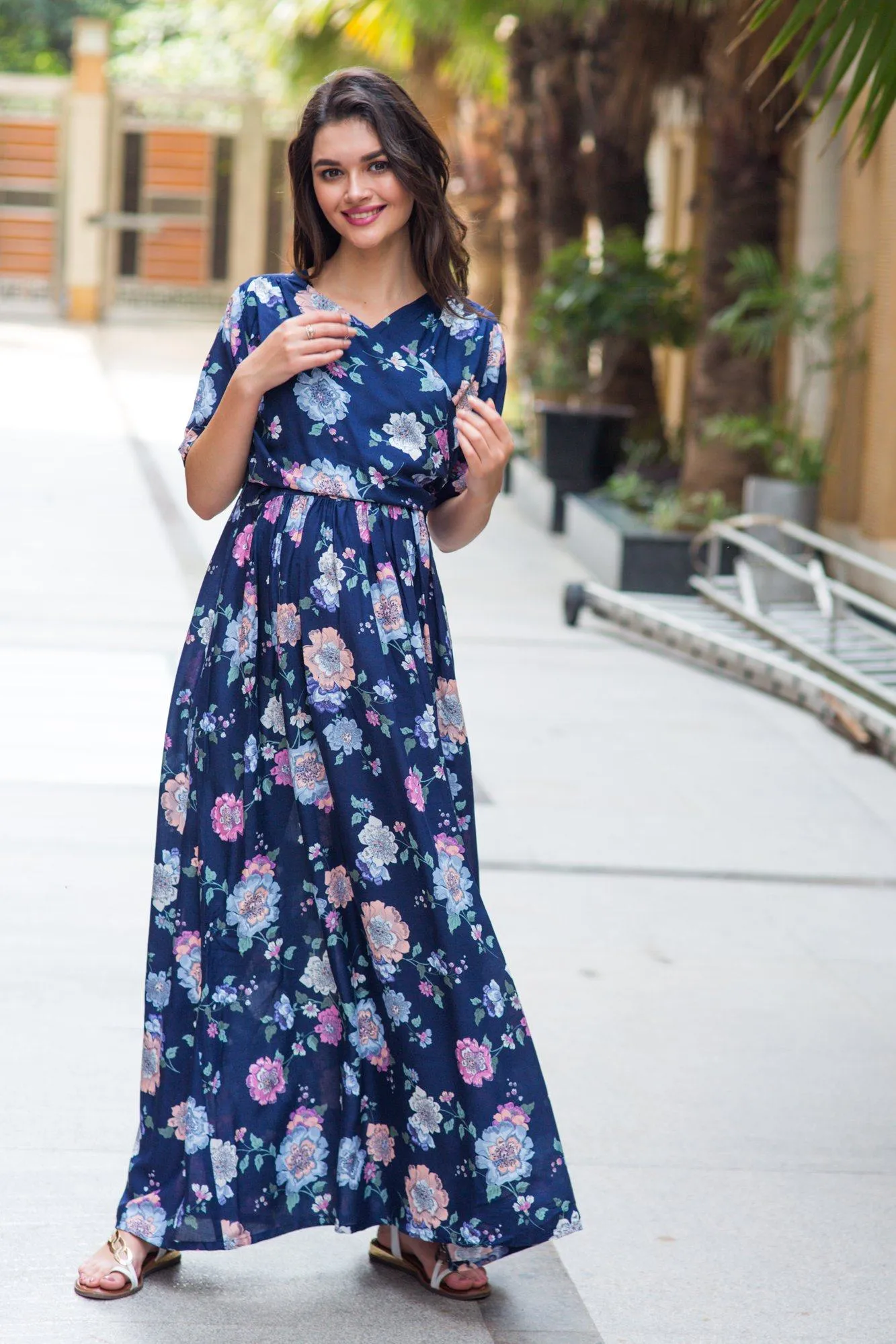 Navy Floral Maternity & Nursing Wrap Dress