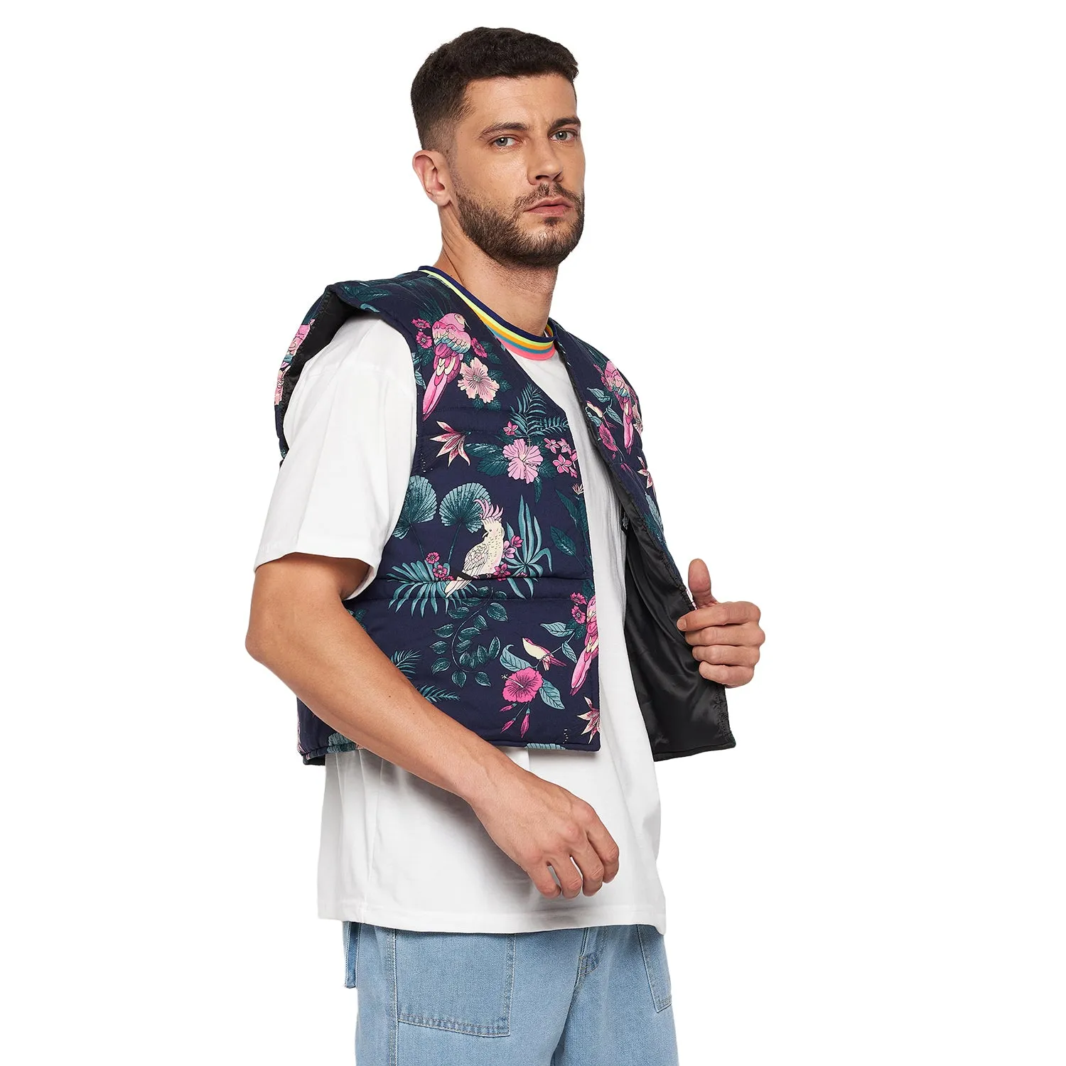 Navy Floral Print Sleeveless Puffer Jacket