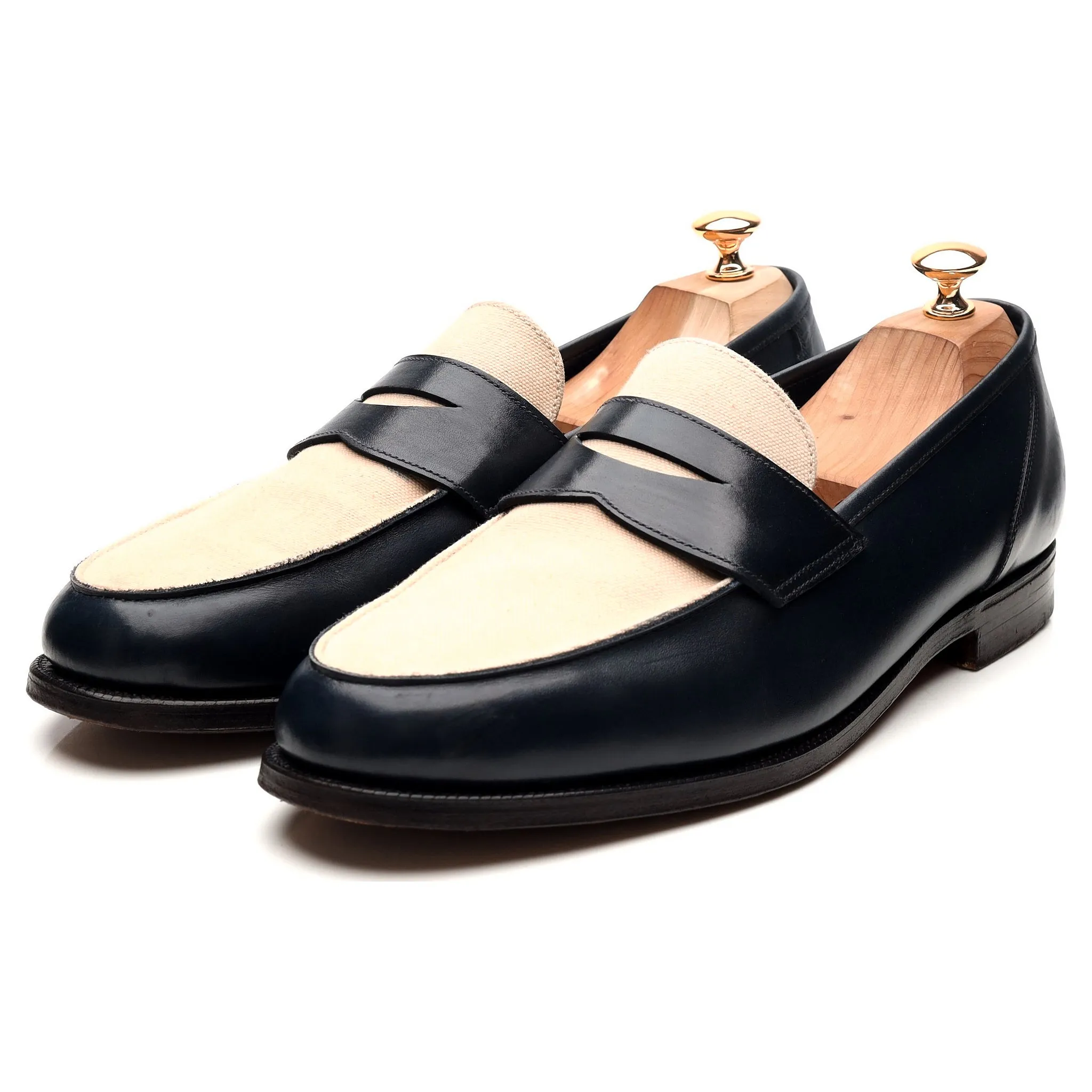 New & Lingwood Navy Blue Leather Two Tone Loafers UK 11.5 E