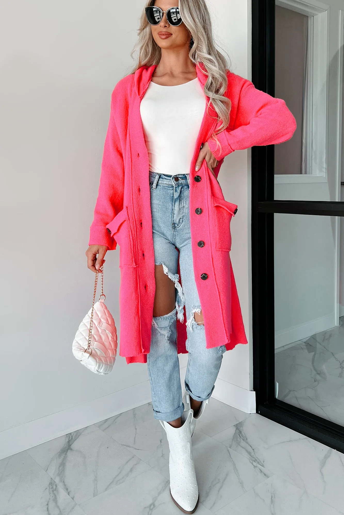 No Approval Needed Hooded Knit Cardigan (Pink)