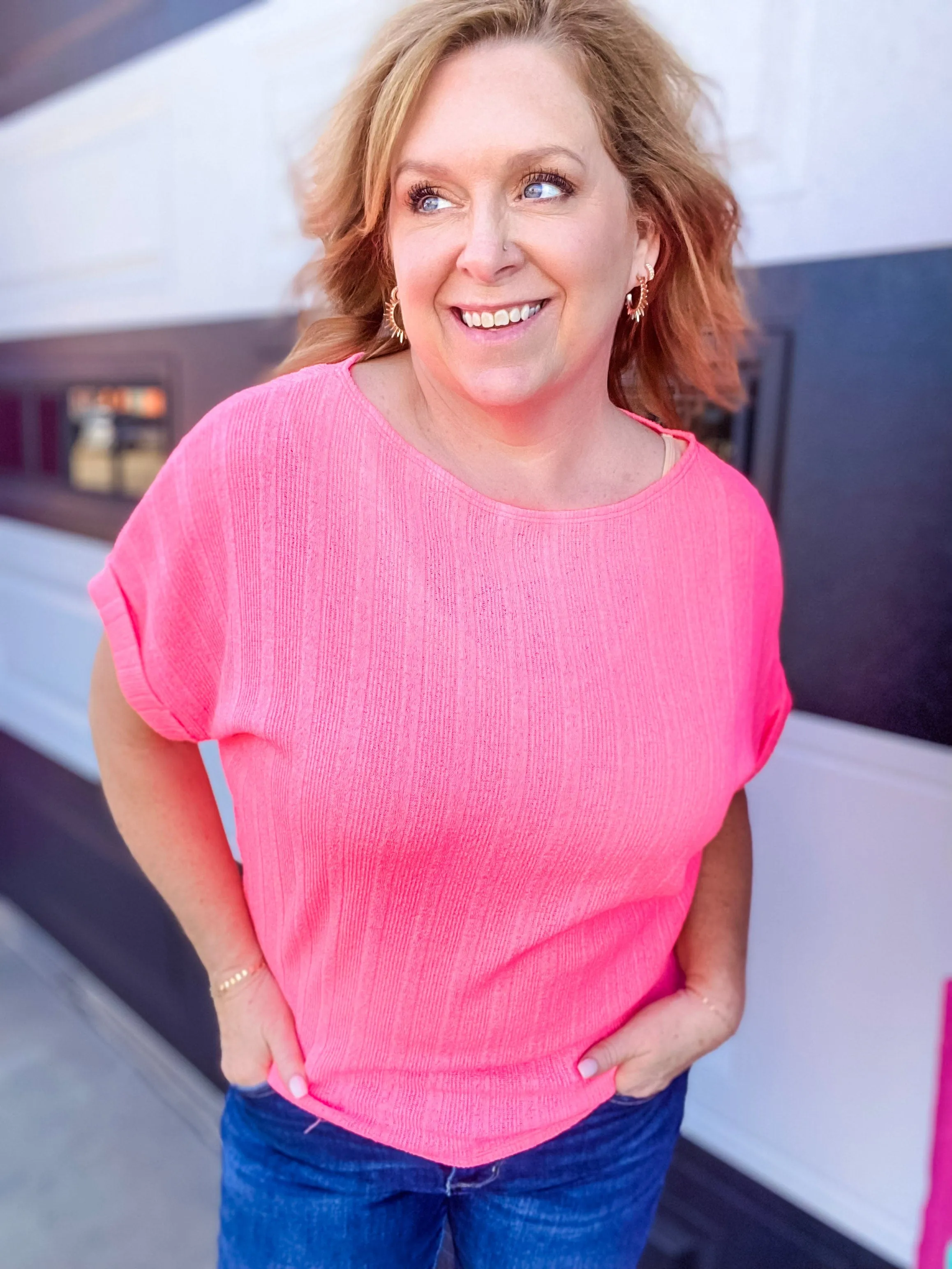 Off Shoulder Knit Top- Neon Pink