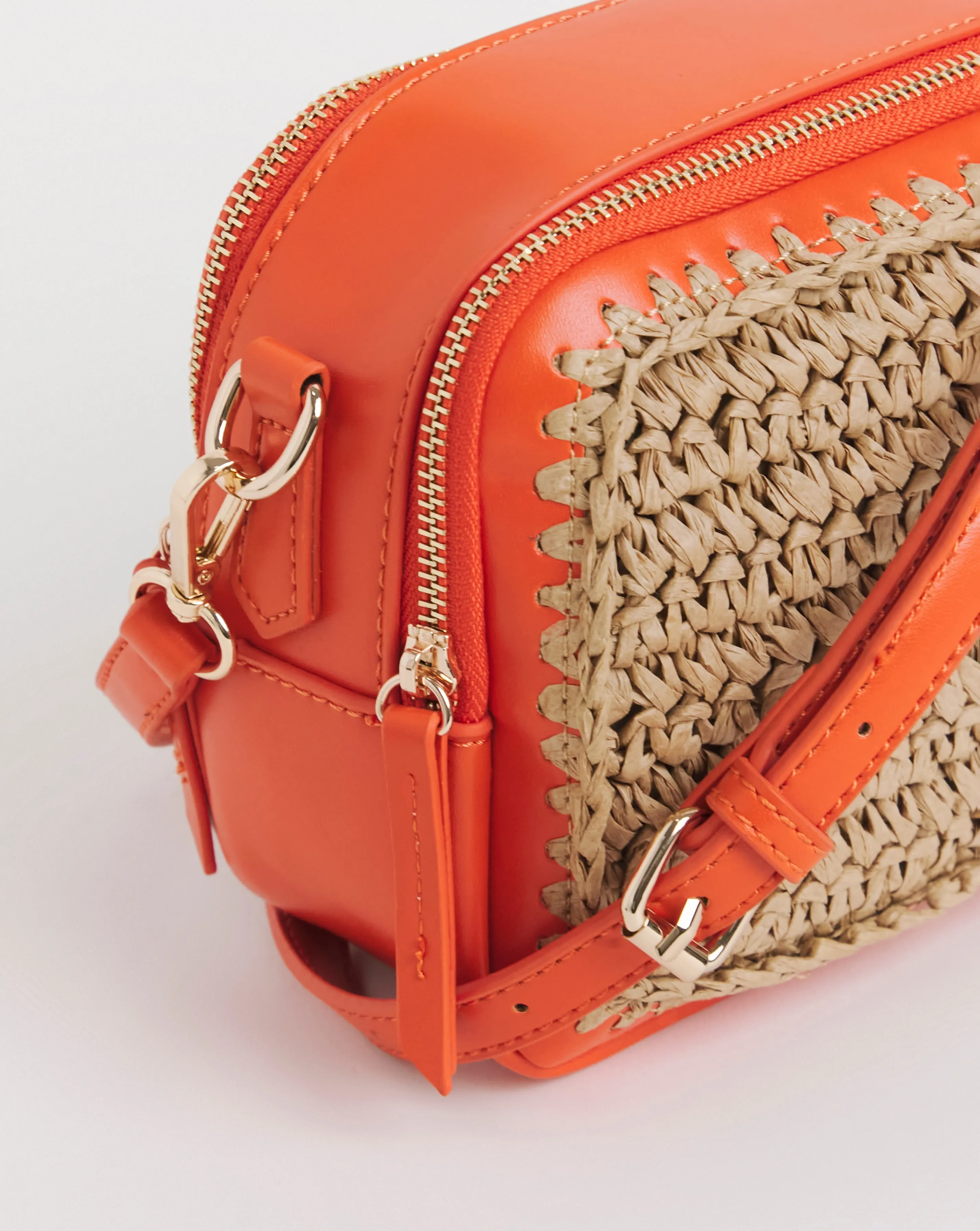 Orange Detail Raffia Camera Bag