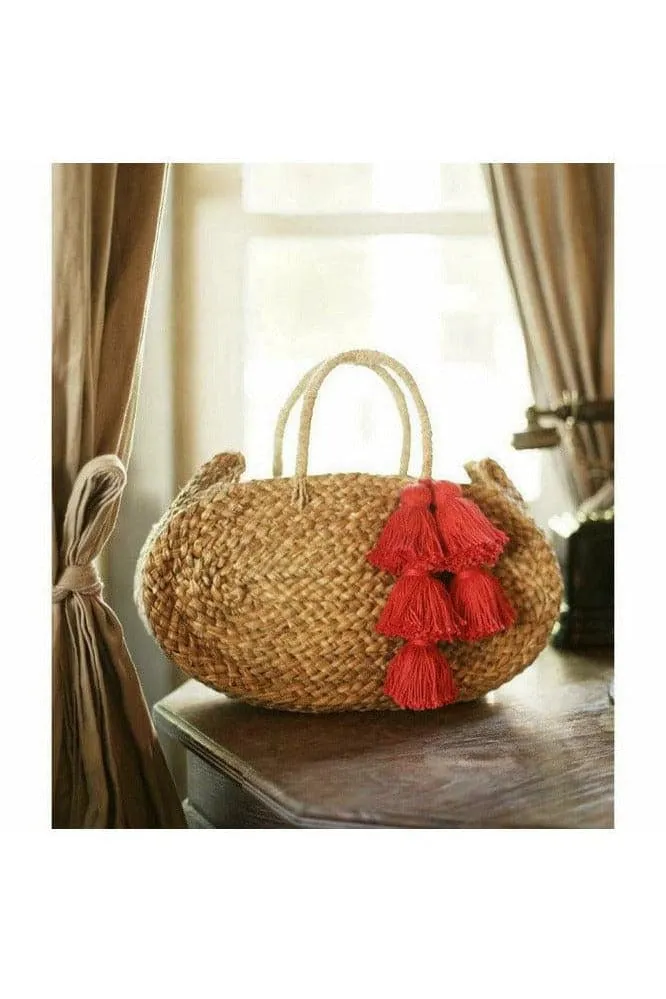 Oval Luna Straw Tote Bag - with Fuschia Pink Tassels