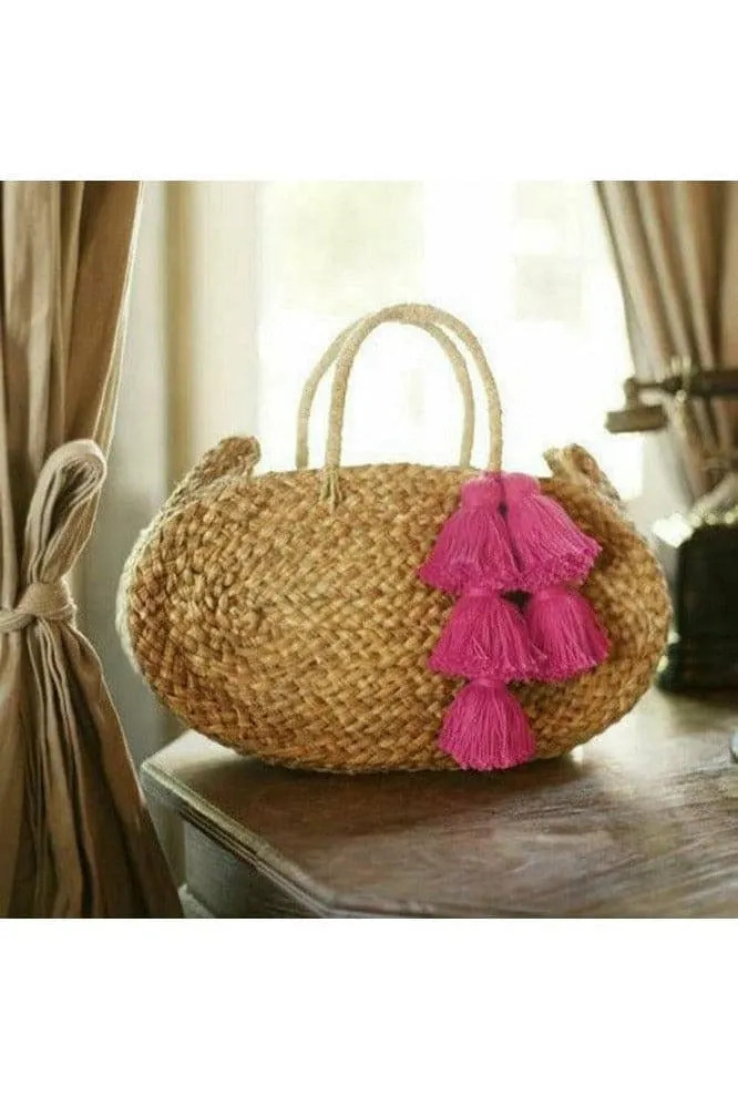 Oval Luna Straw Tote Bag - with Fuschia Pink Tassels