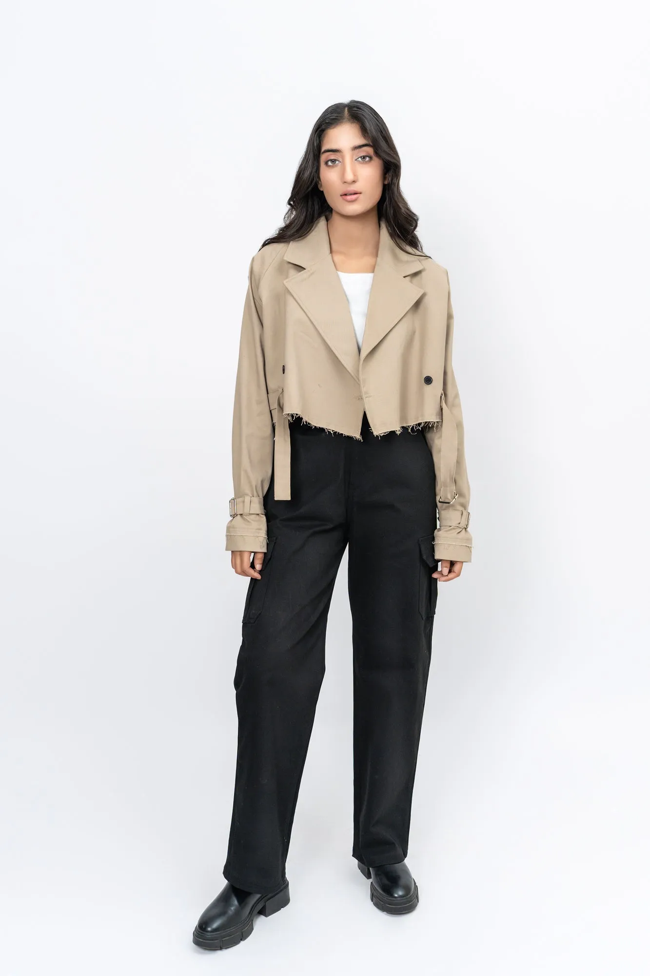 Oversized Cropped Trench Coat - Beige