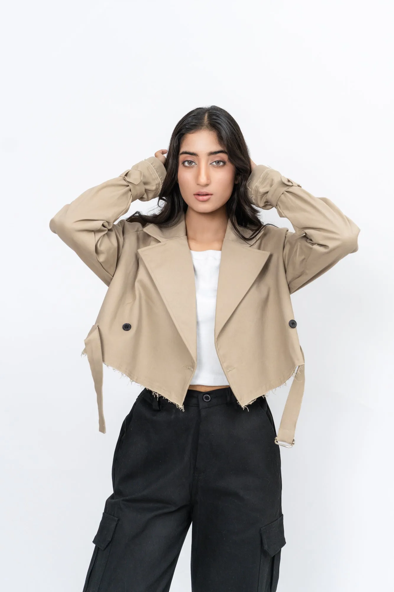 Oversized Cropped Trench Coat - Beige