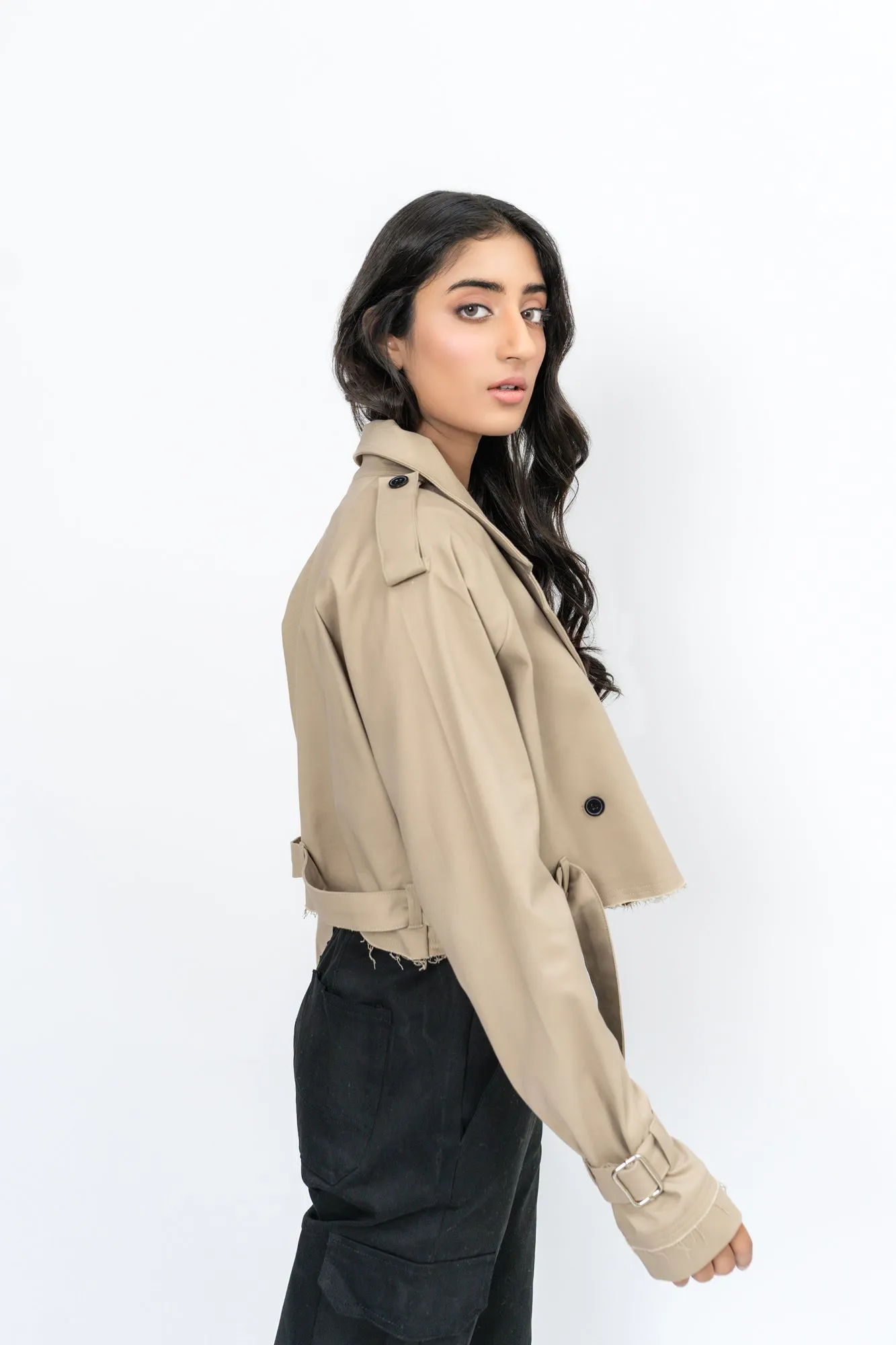 Oversized Cropped Trench Coat - Beige