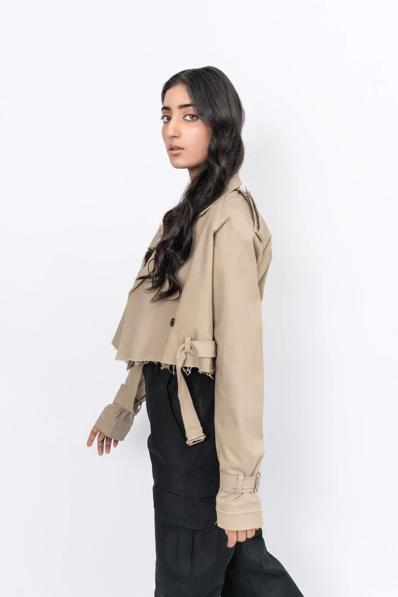 Oversized Cropped Trench Coat - Beige