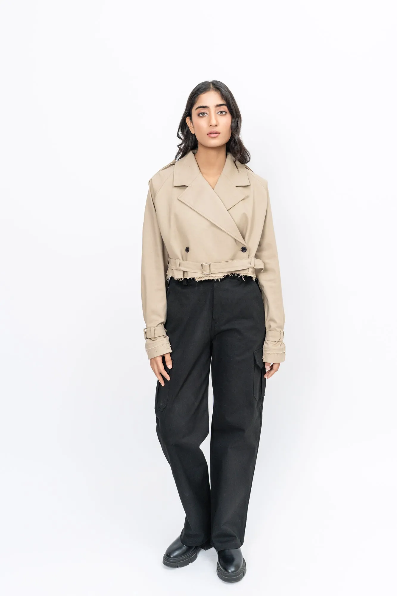 Oversized Cropped Trench Coat - Beige