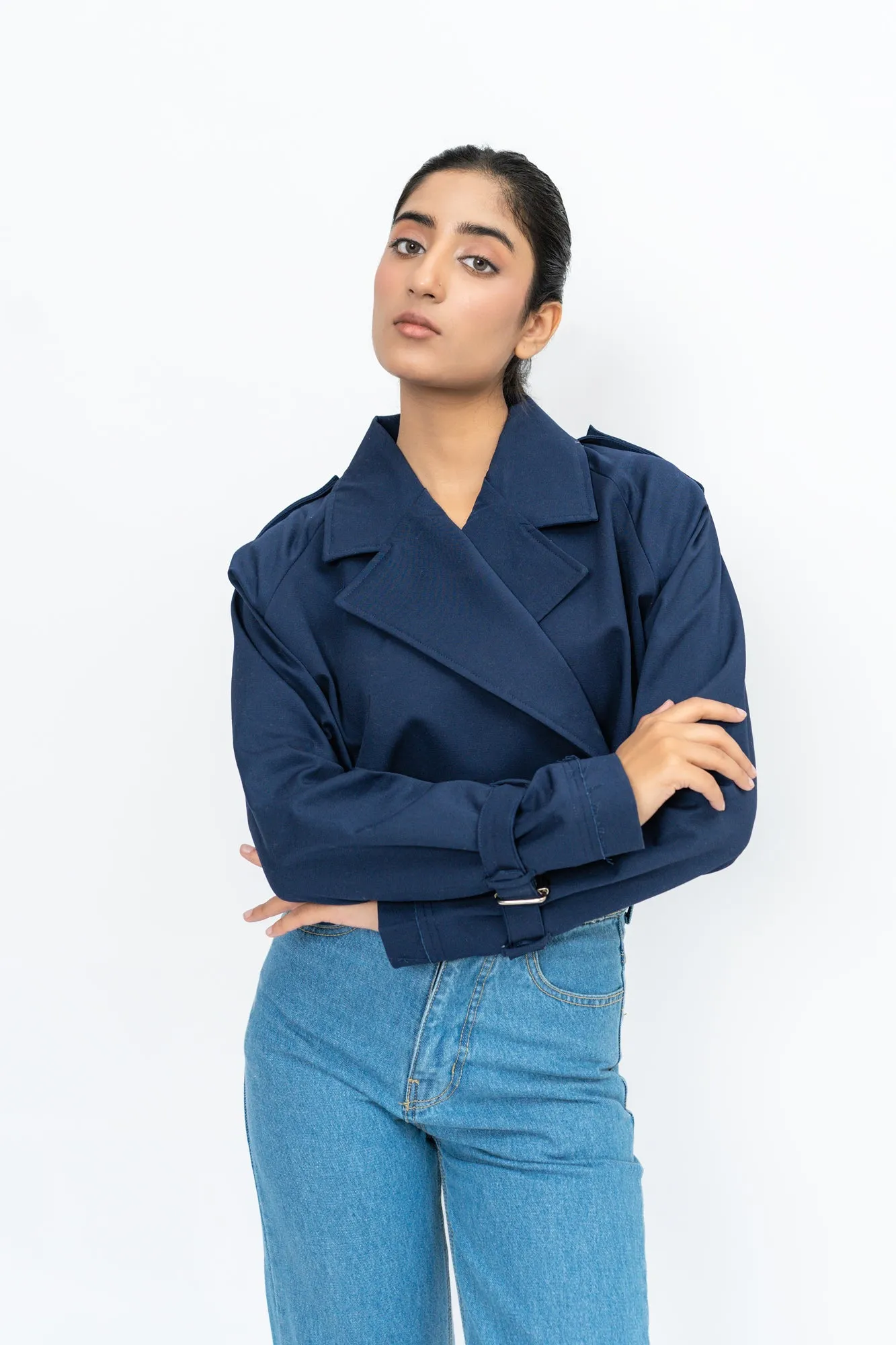 Oversized Cropped Trench Coat - Navy Blue