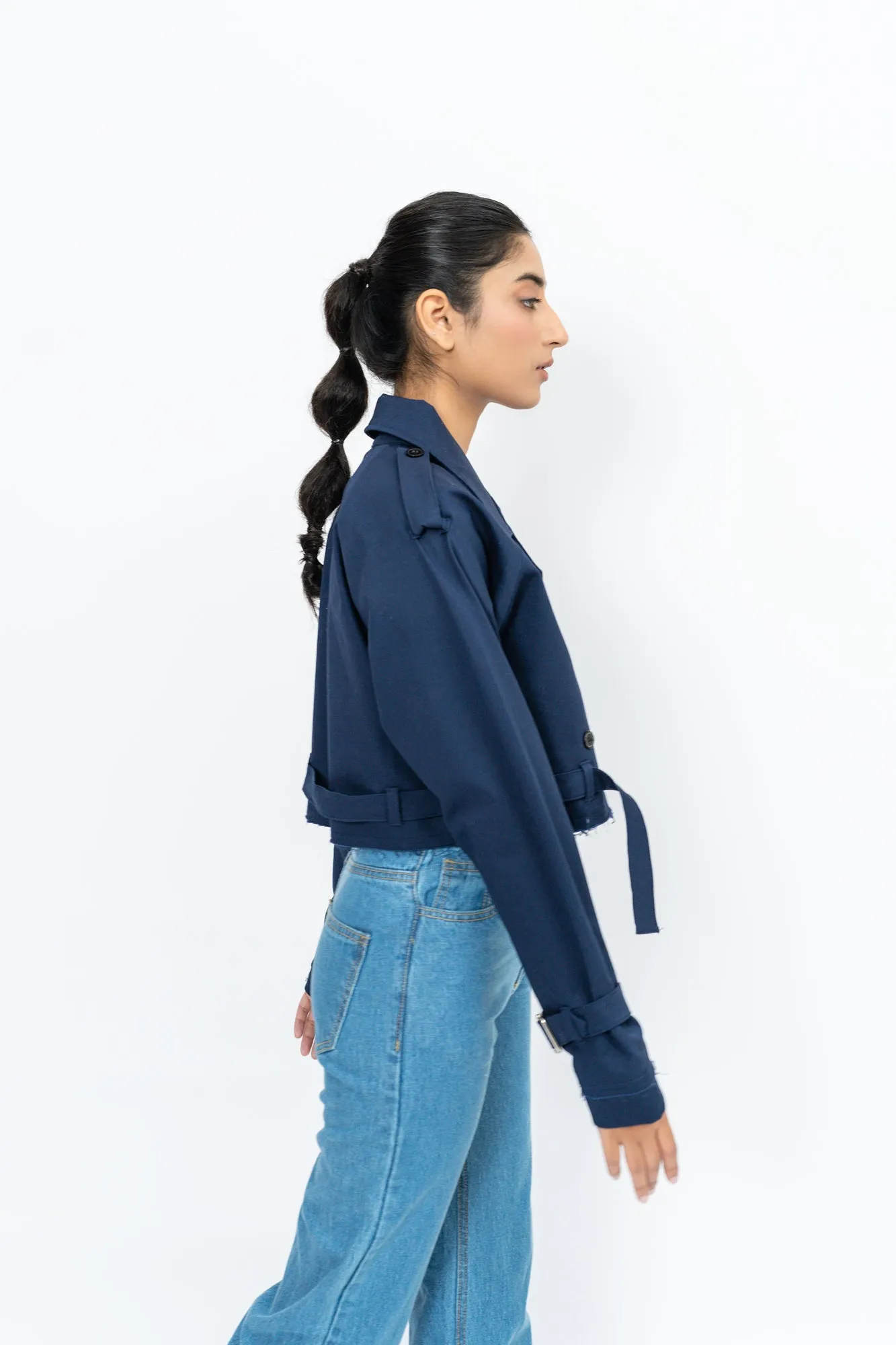 Oversized Cropped Trench Coat - Navy Blue