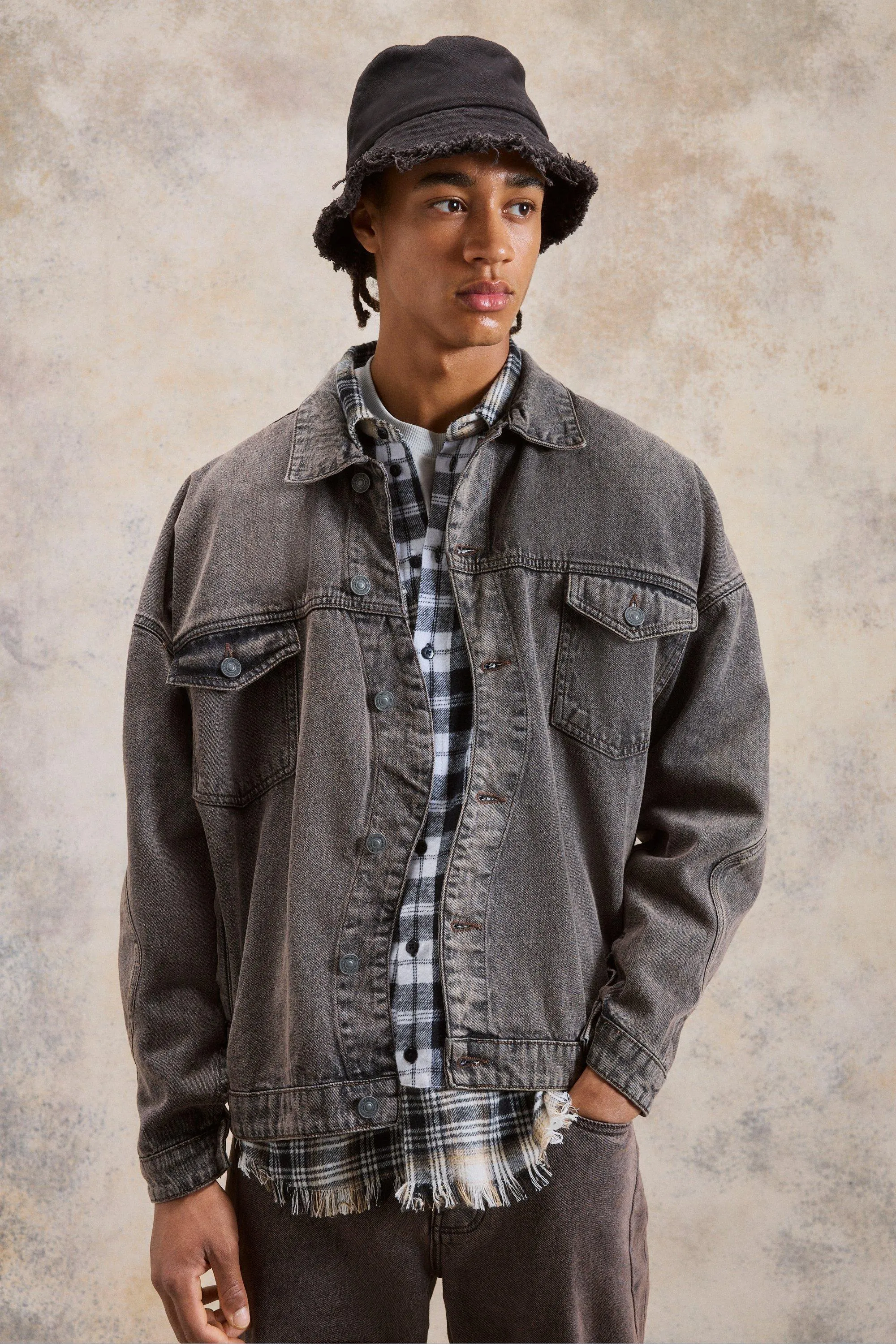 Oversized Overdyed Curved Placket Denim Jacket