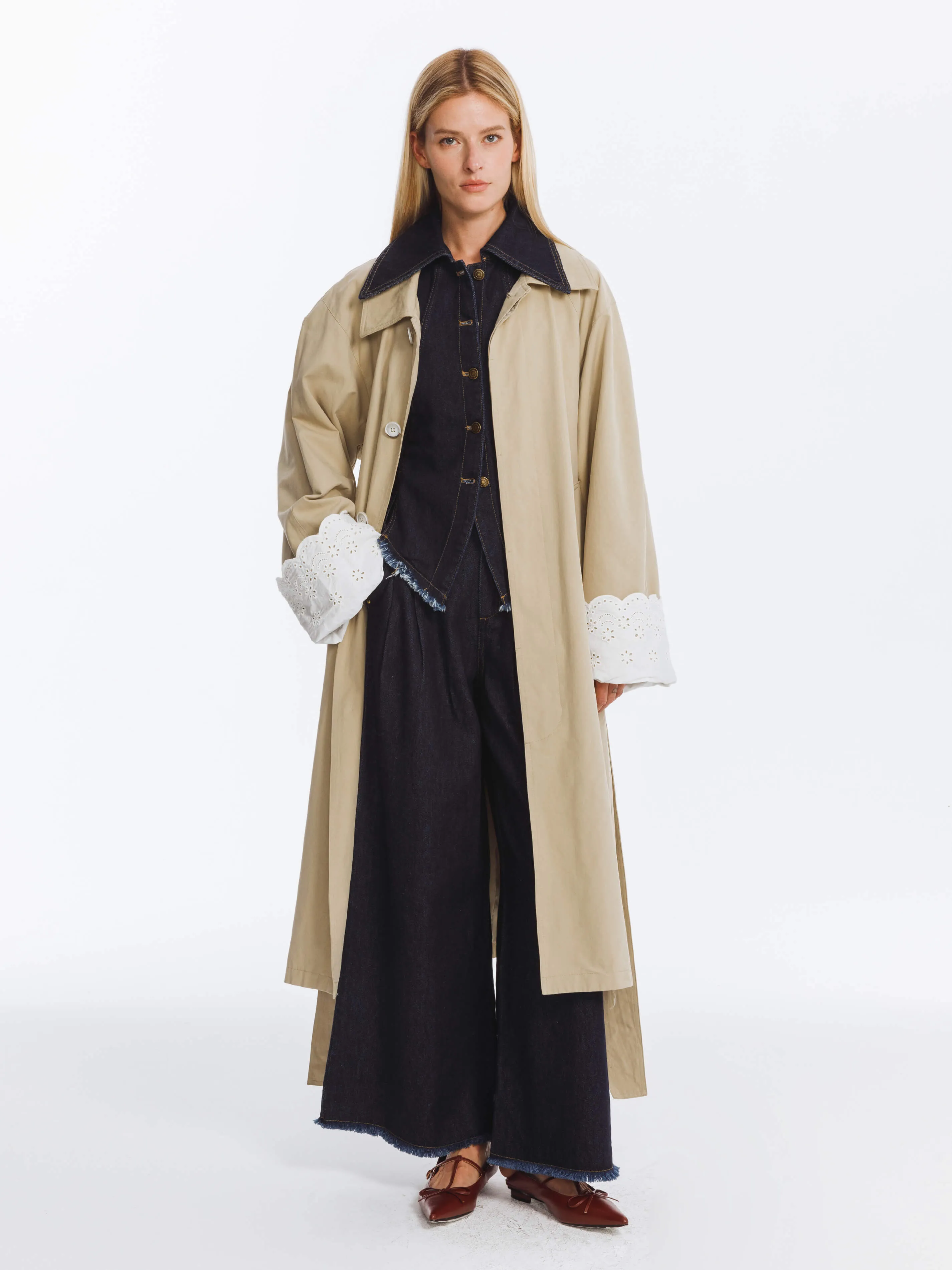 Oversized Thin Trench Coat with Lace Cuffs