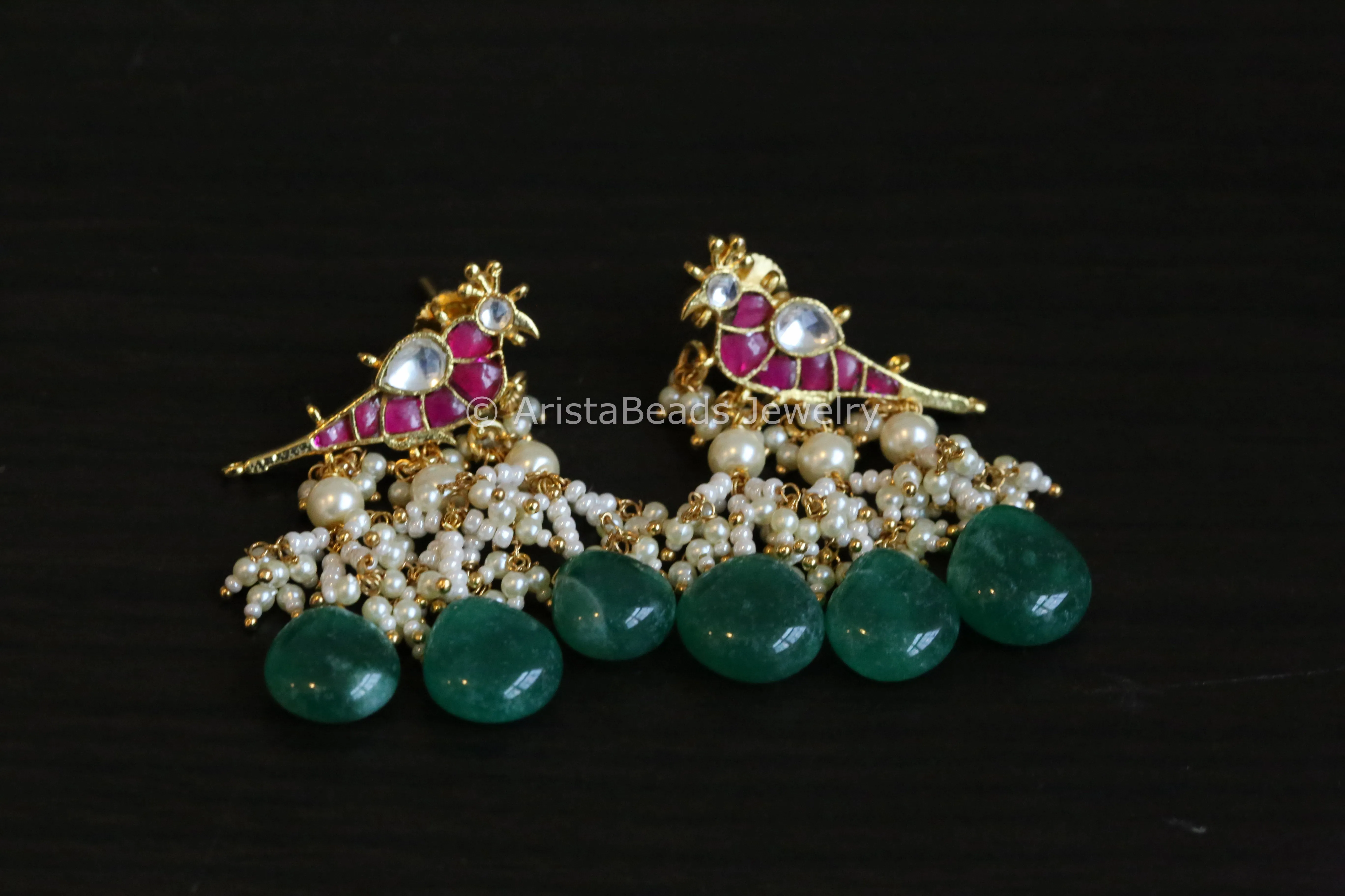 Pachi Kundan Peacock Earrings - Green Drops