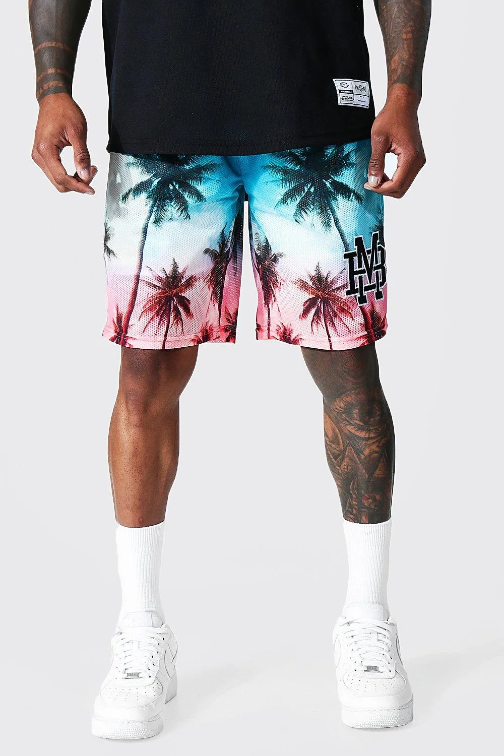 Palm Print Mesh Basketball Shorts With Badge