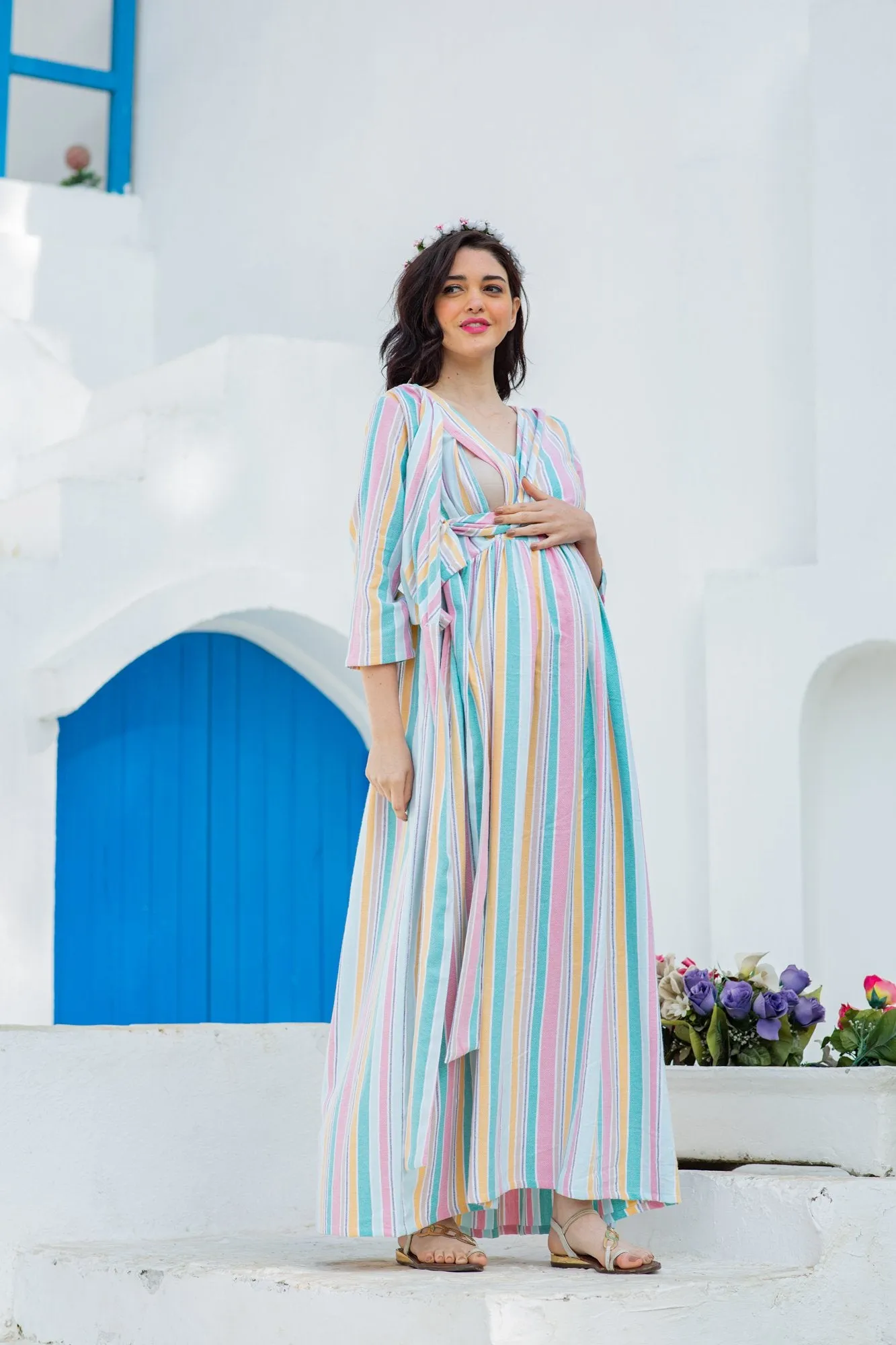 Pastel Striped Maternity & Nursing Wrap Dress