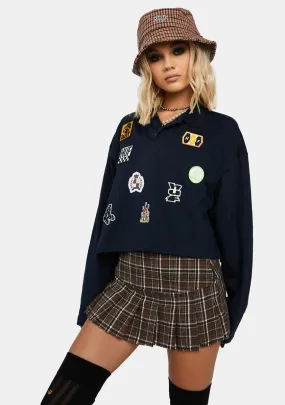 Patches Long Sleeve Crop Polo Shirt-